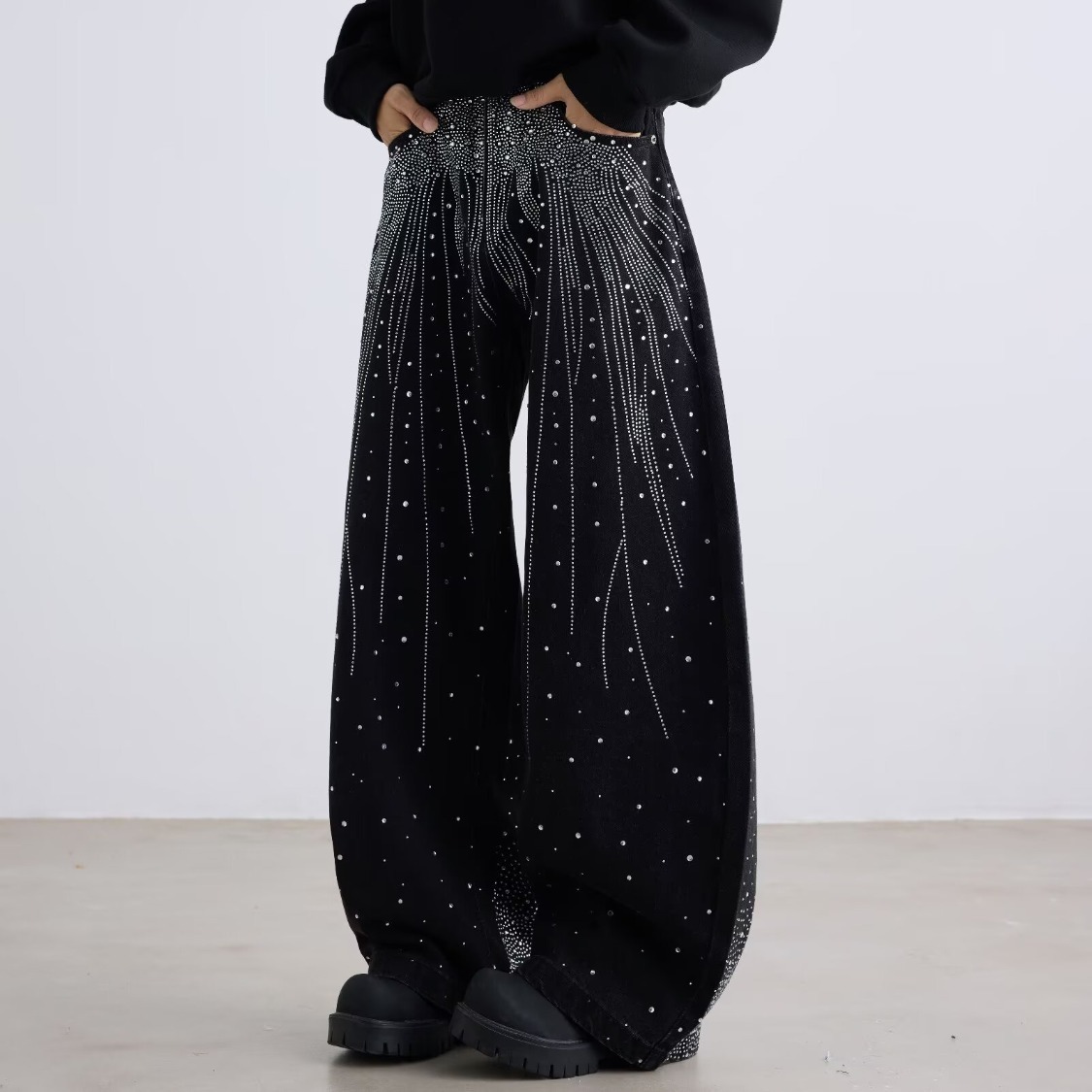 美式新款复古烫钻满天星男女黑色牛仔裤高腰显瘦宽松直筒阔腿裤