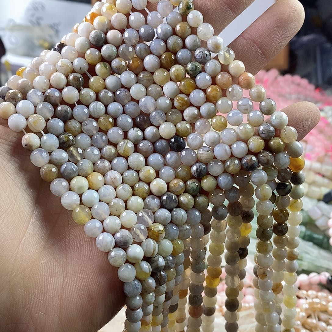 玛瑙/玉髓珠宝半成品合金一条天然6mm竹叶玛瑙切面蹦迪球