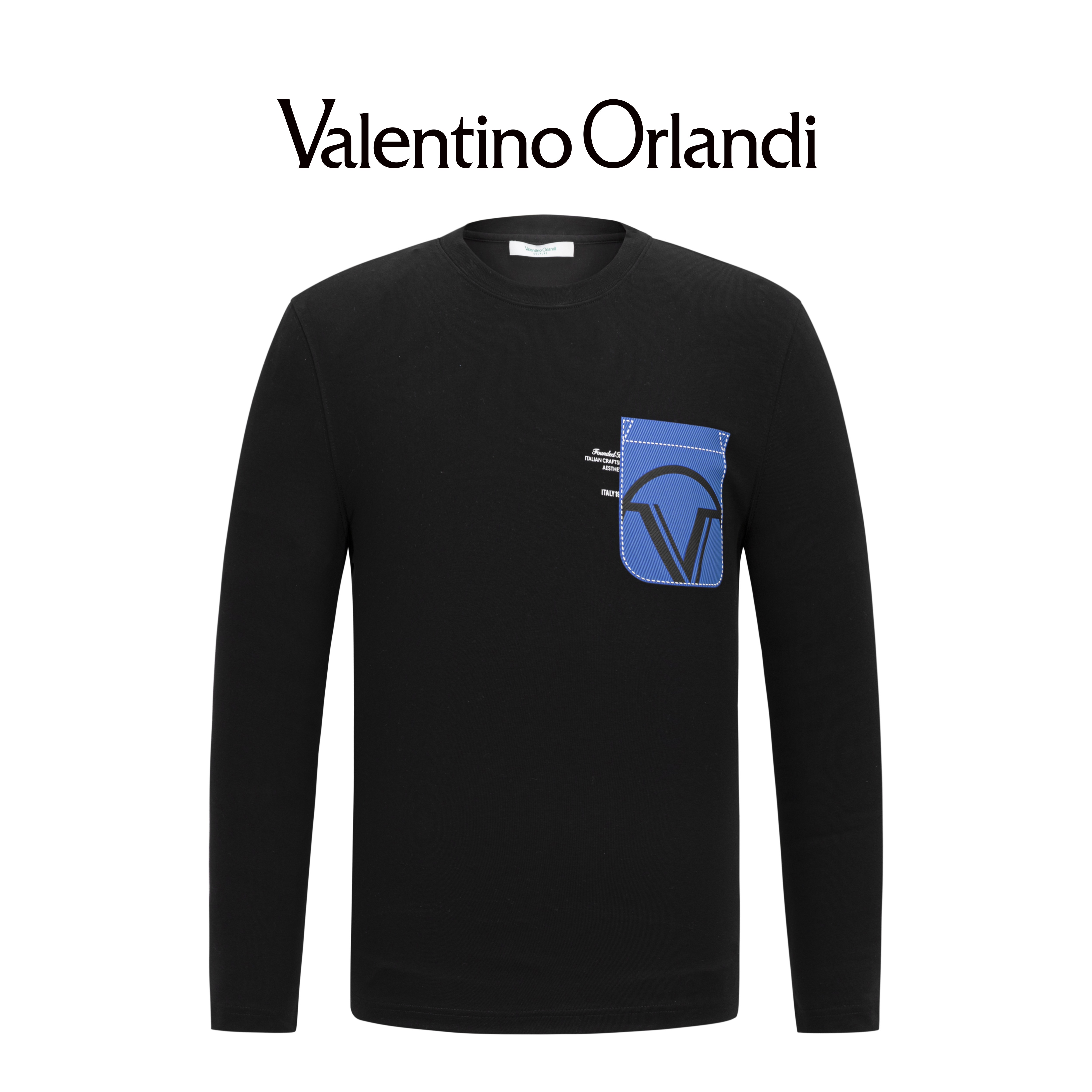 Valentino orlandi男士秋冬A版时尚百搭假口袋印花圆领长袖T恤