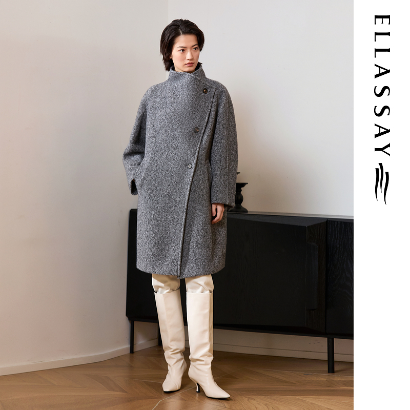 ELLASSAY歌力思2025秋冬新款绵羊毛花黑斜襟大衣女EWE364D07100
