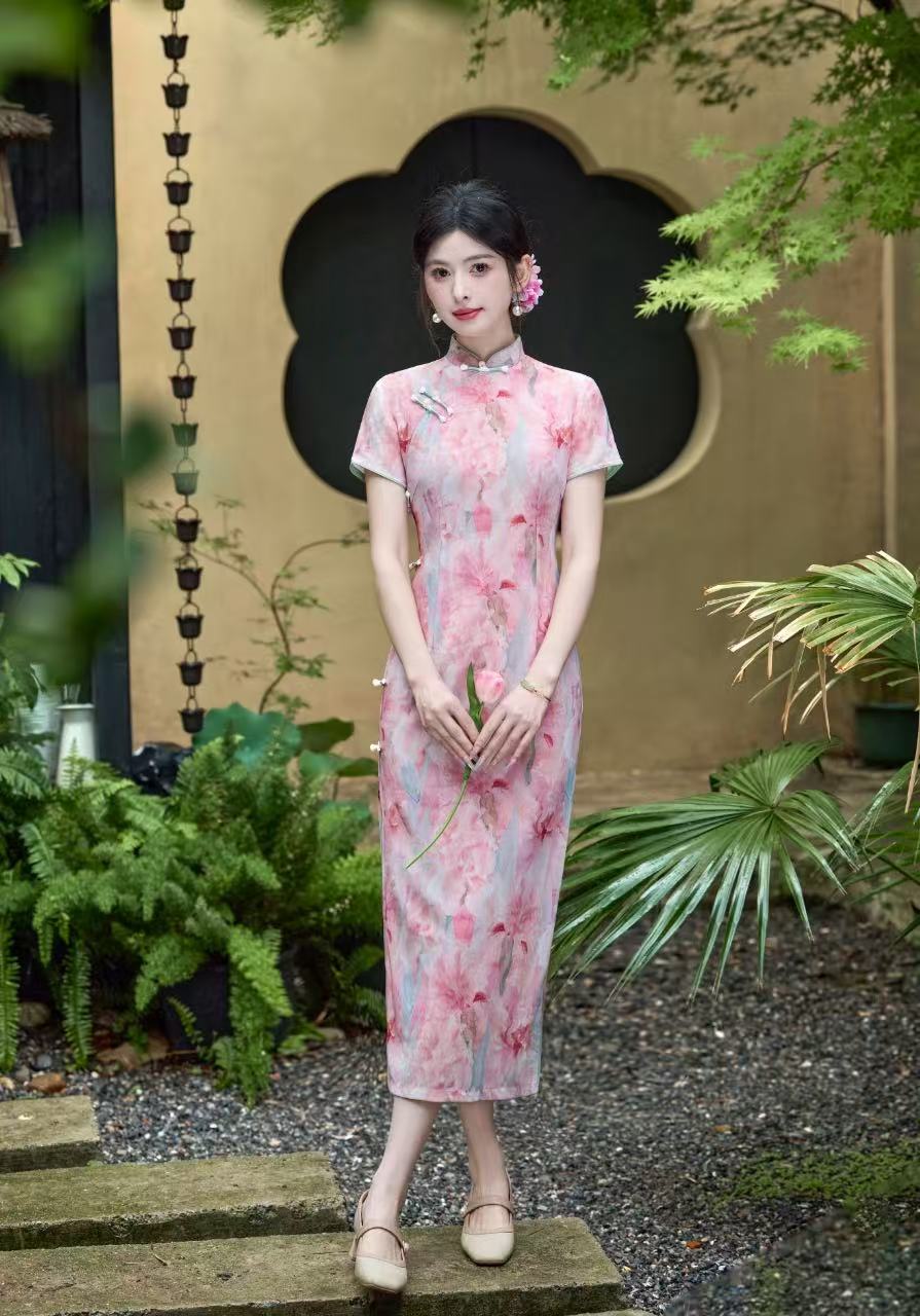 晚晴粉2025新款新中式中国风改良旗袍网纱气质优雅中国风旗袍裙