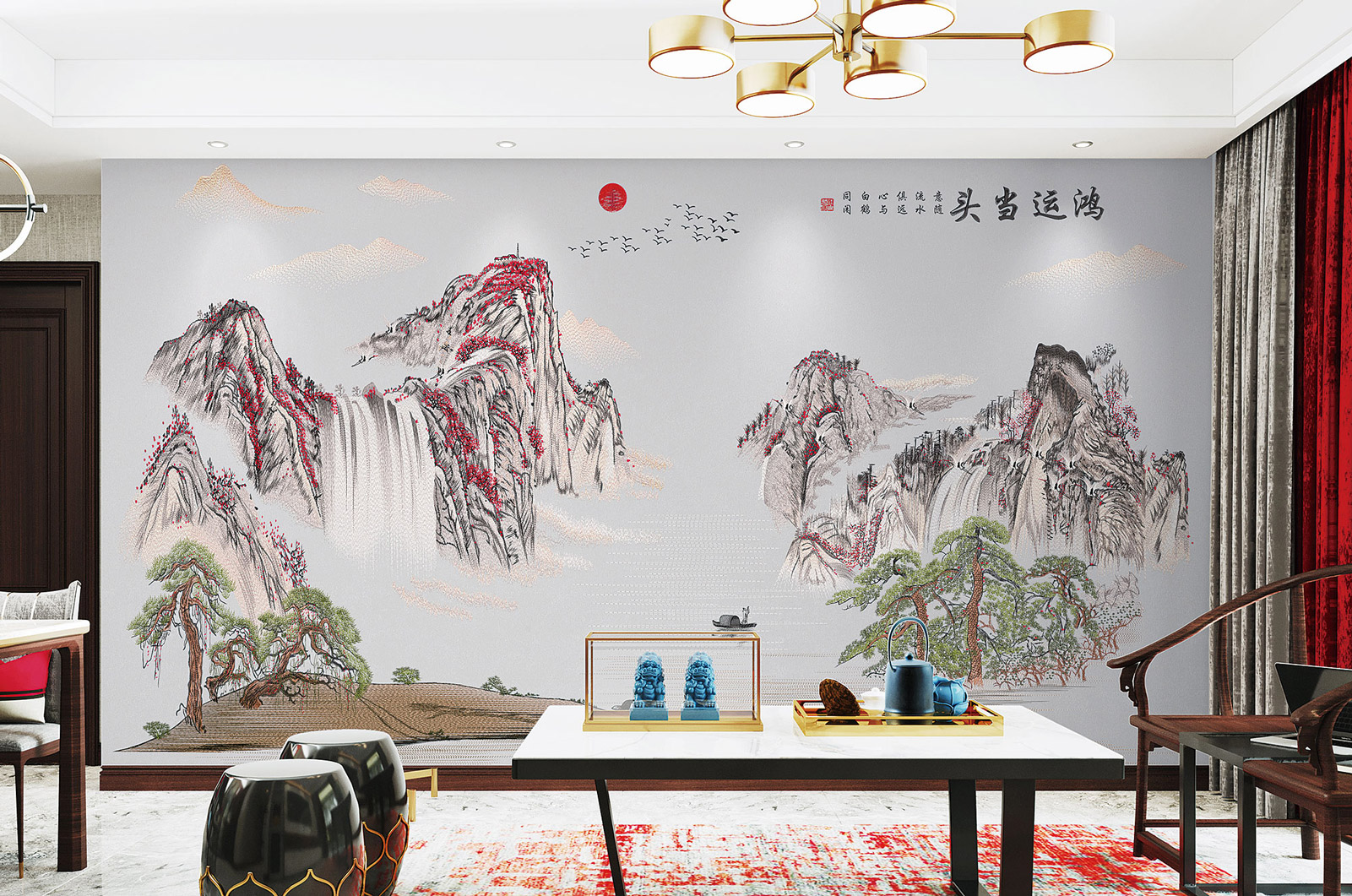 如意新中式鸿运当头独绣刺绣背景