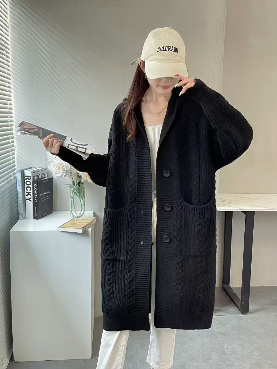 秋冬软糯高级麻花连帽针织大开衫外套女慵懒休闲长袖外套毛衣新款