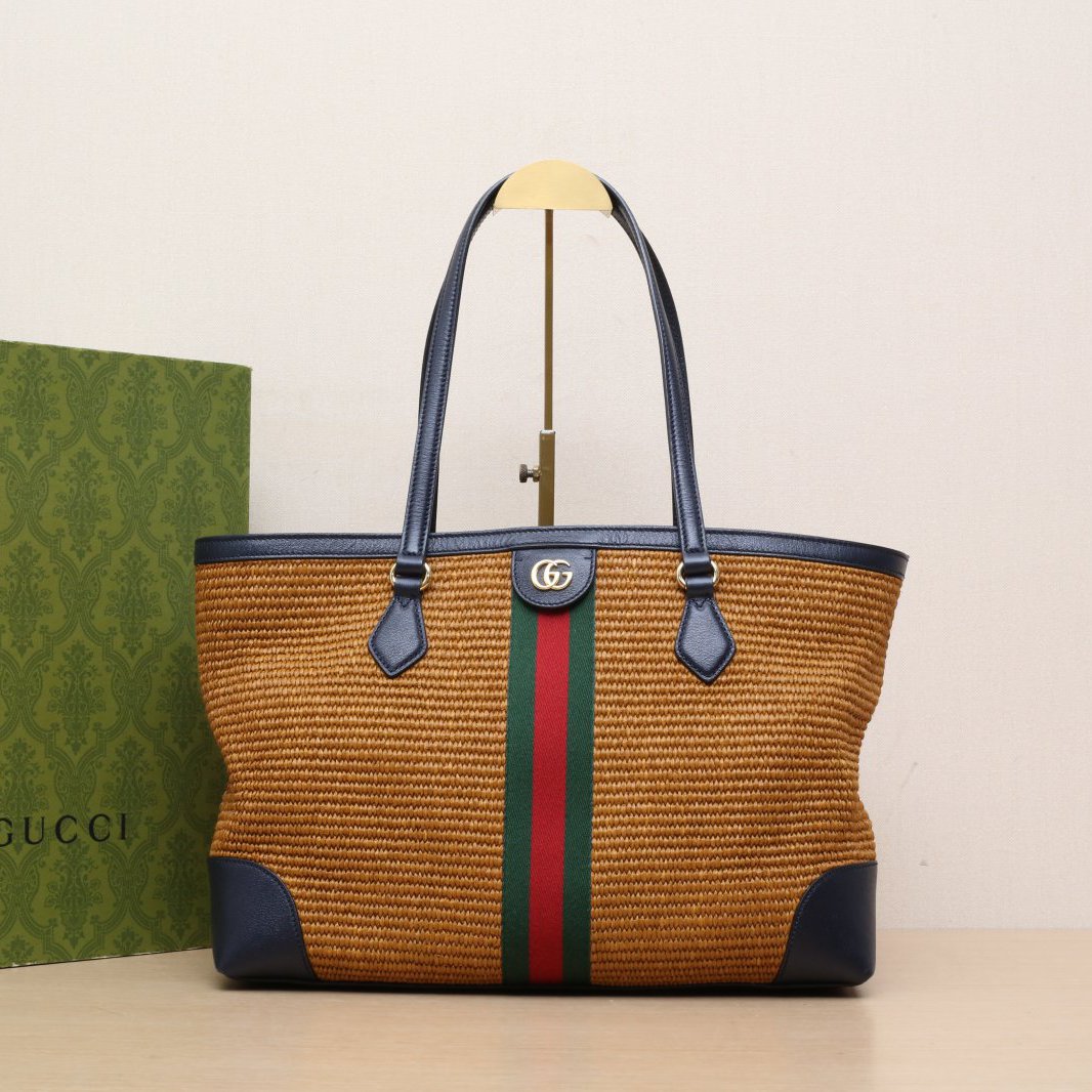 95新 GUCCI/古驰 【娇】活动Ophidia Tote 拼色 草编 991903