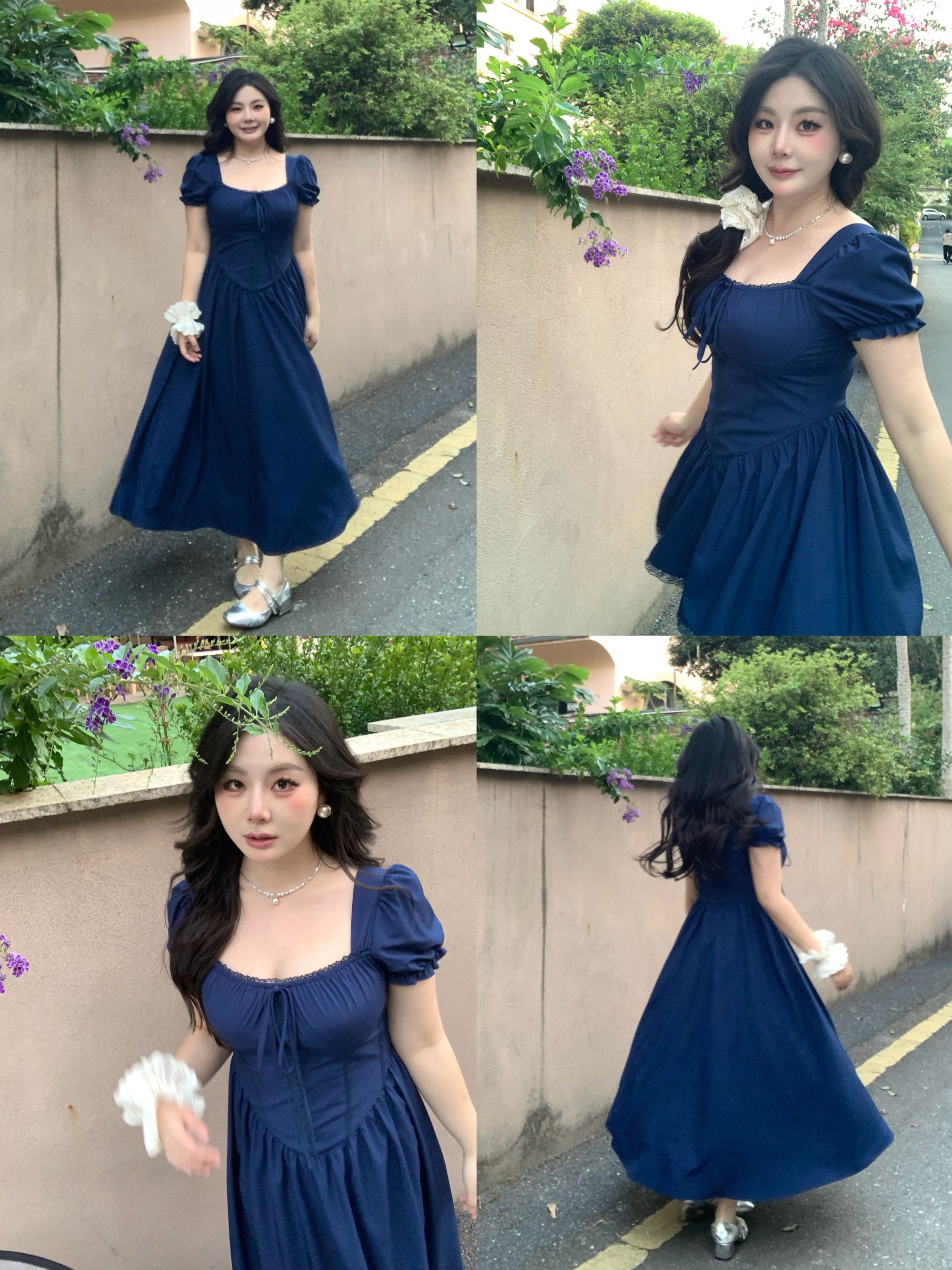 【大小姐】现货“知蓝蝶”茶歇法式方领泡泡袖设计感高腰显瘦新款裙