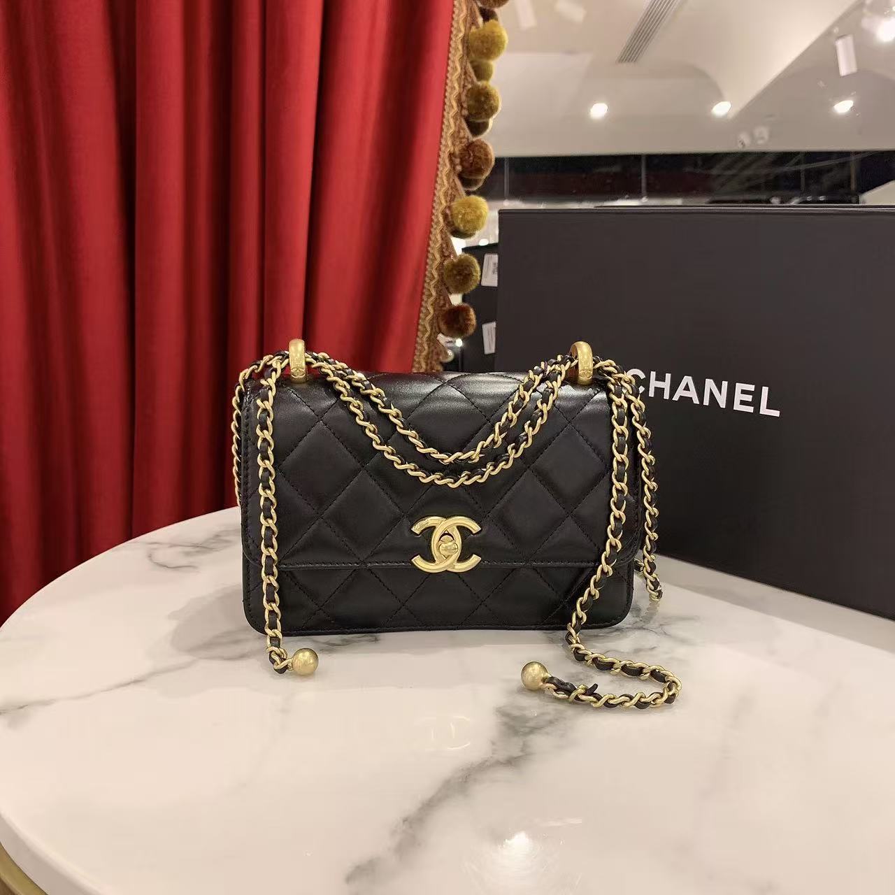 95新 Chanel/香奈儿 GGS24c双金珠19黑金牛皮芯片款73040923