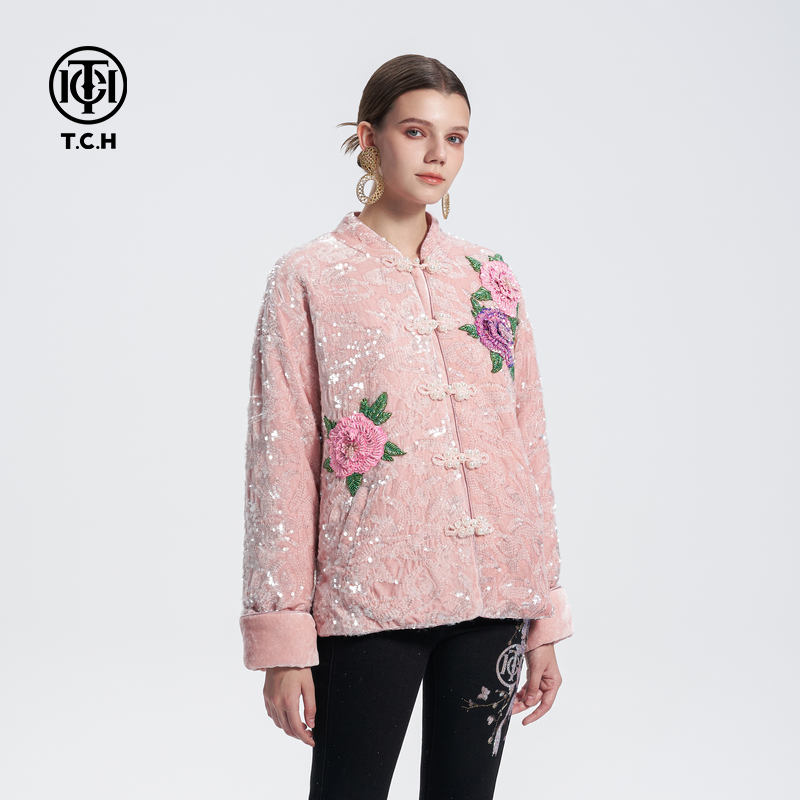 TCH轻奢盘扣亮片保暖立领棉服气质新中式外套女T72D186060tch