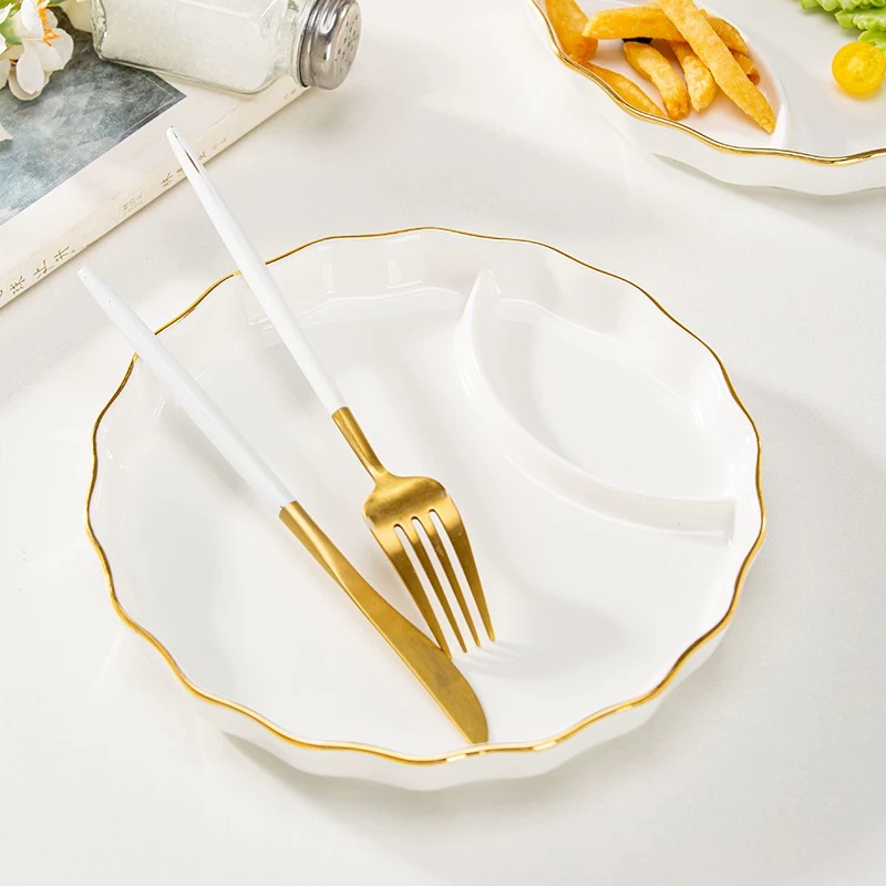 景德镇高温骨质瓷纯白【描金8英寸花边饺子盘】家用菜盘子饺子盘