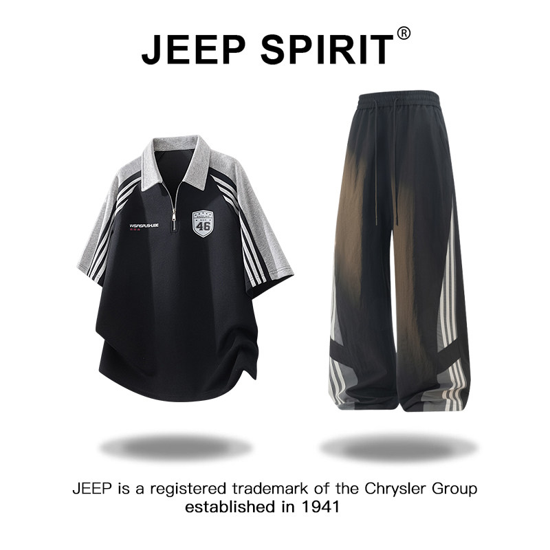 JEEPSPIRIT吉普美式学院风条纹短袖T恤男士夏季宽松透气休闲套装