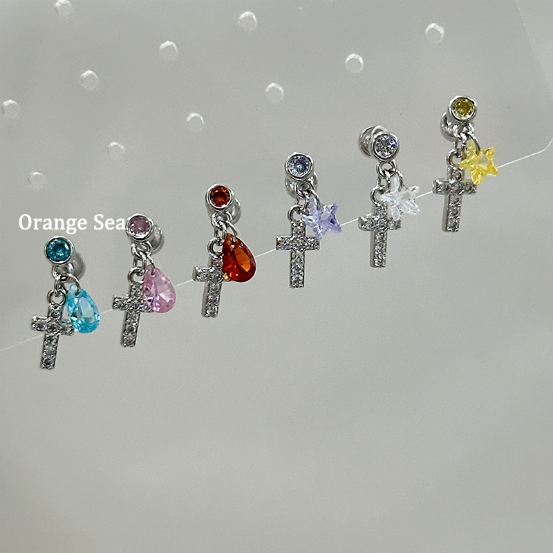 钛钢耳饰 Orange Sea多巴胺锆石吊坠十字架耳骨钉水滴星星耳钉E69