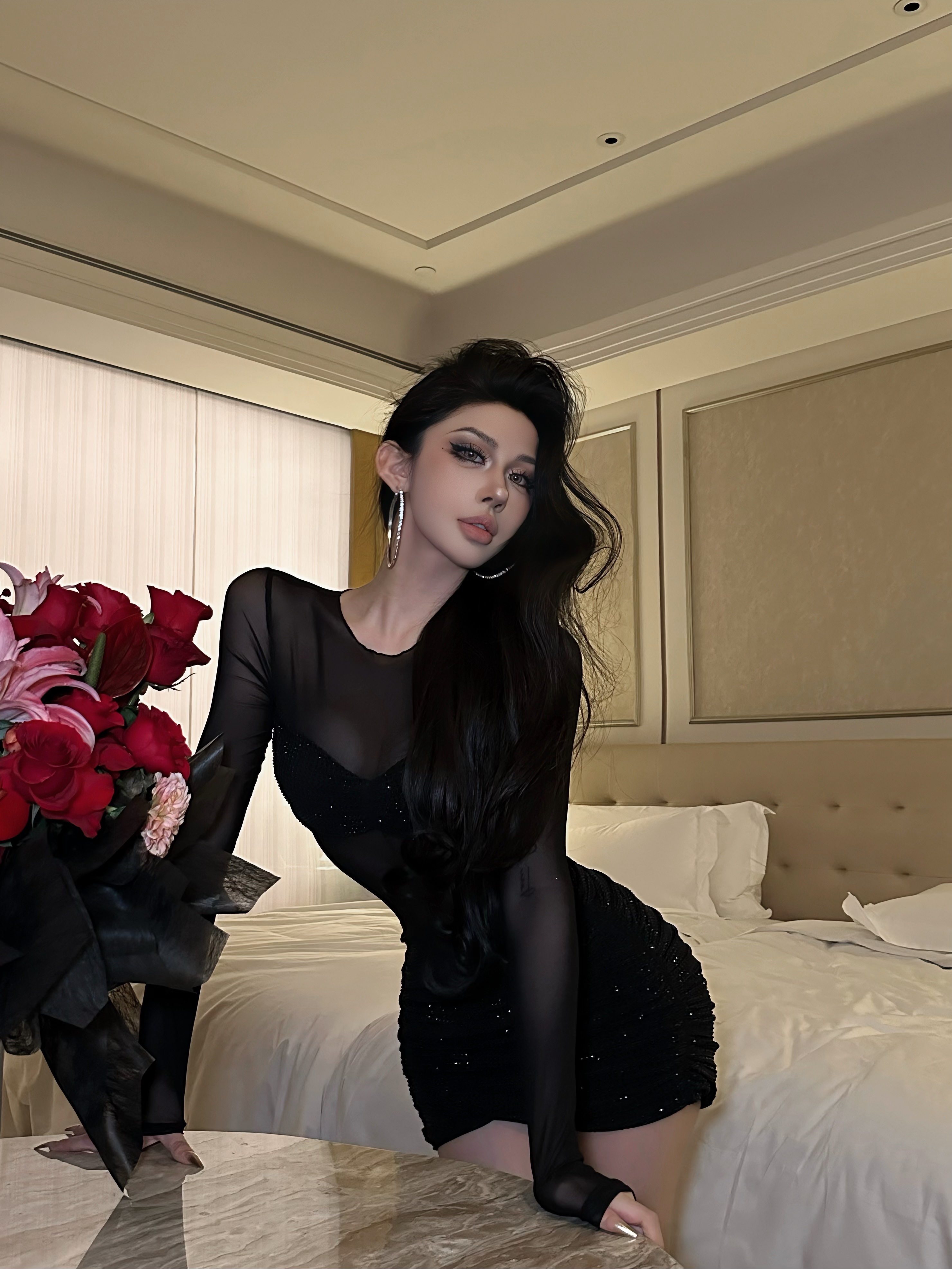 FORNIS 性感辣妹风网纱拼接连衣裙身显瘦包臀短裙F25Q4299