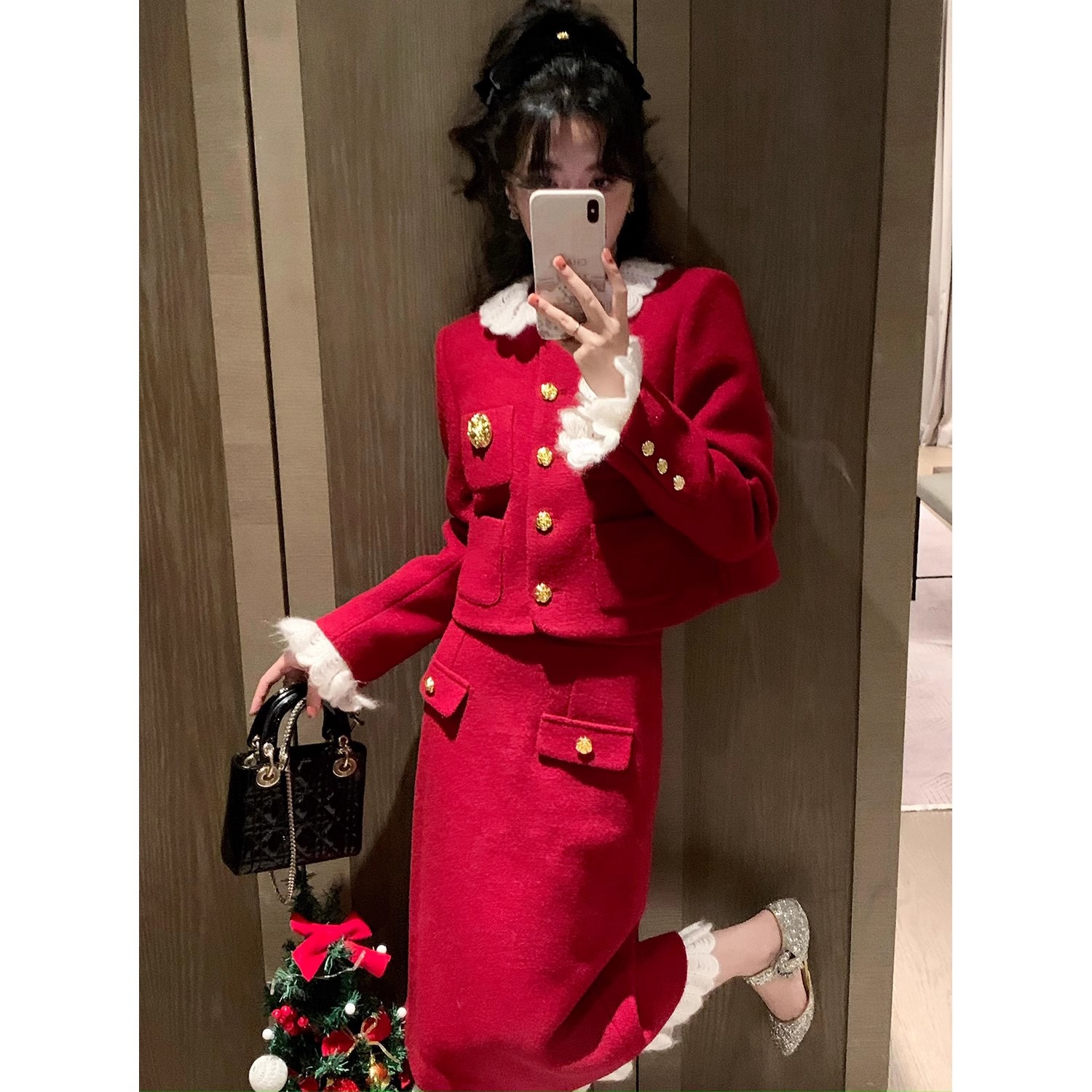 气质洋气爆款套裙红玫瑰显瘦小香风短外套女冬季加厚半裙套装