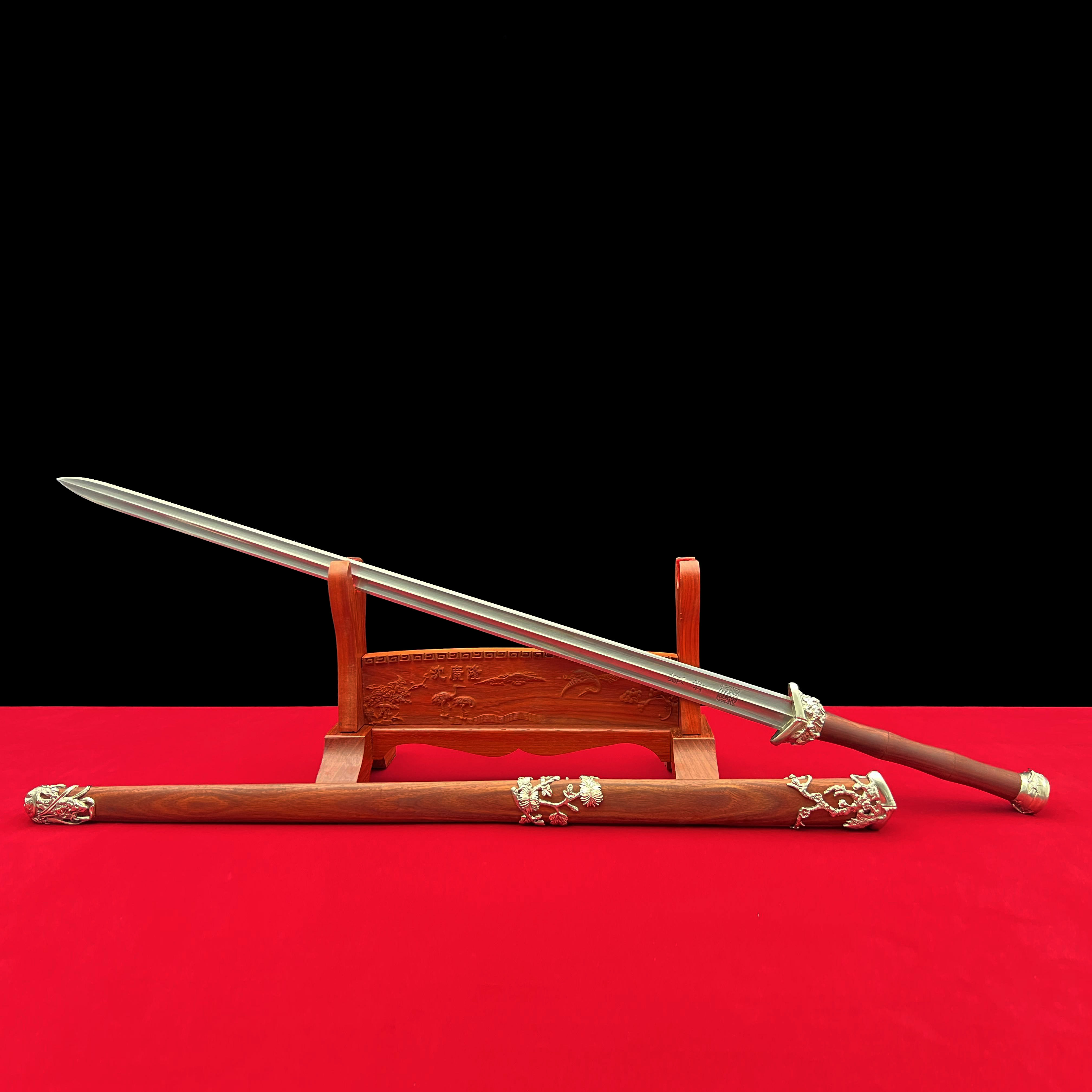 龙泉沈广隆-梅兰竹菊 白铜 血檀木 花纹钢手工锻打 宝剑 未开刃