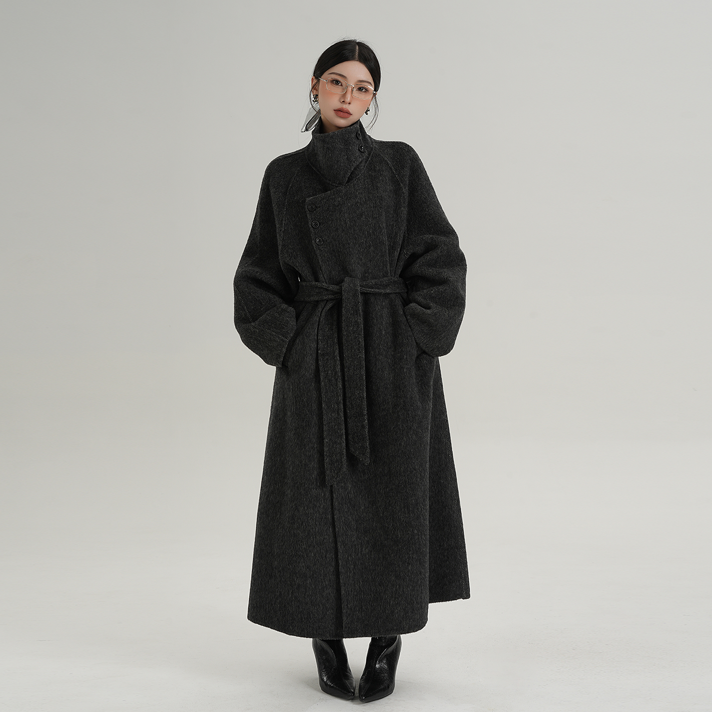SRYS AME气质高领设计感系带长款羊毛大衣毛呢外套双面呢子秋冬女