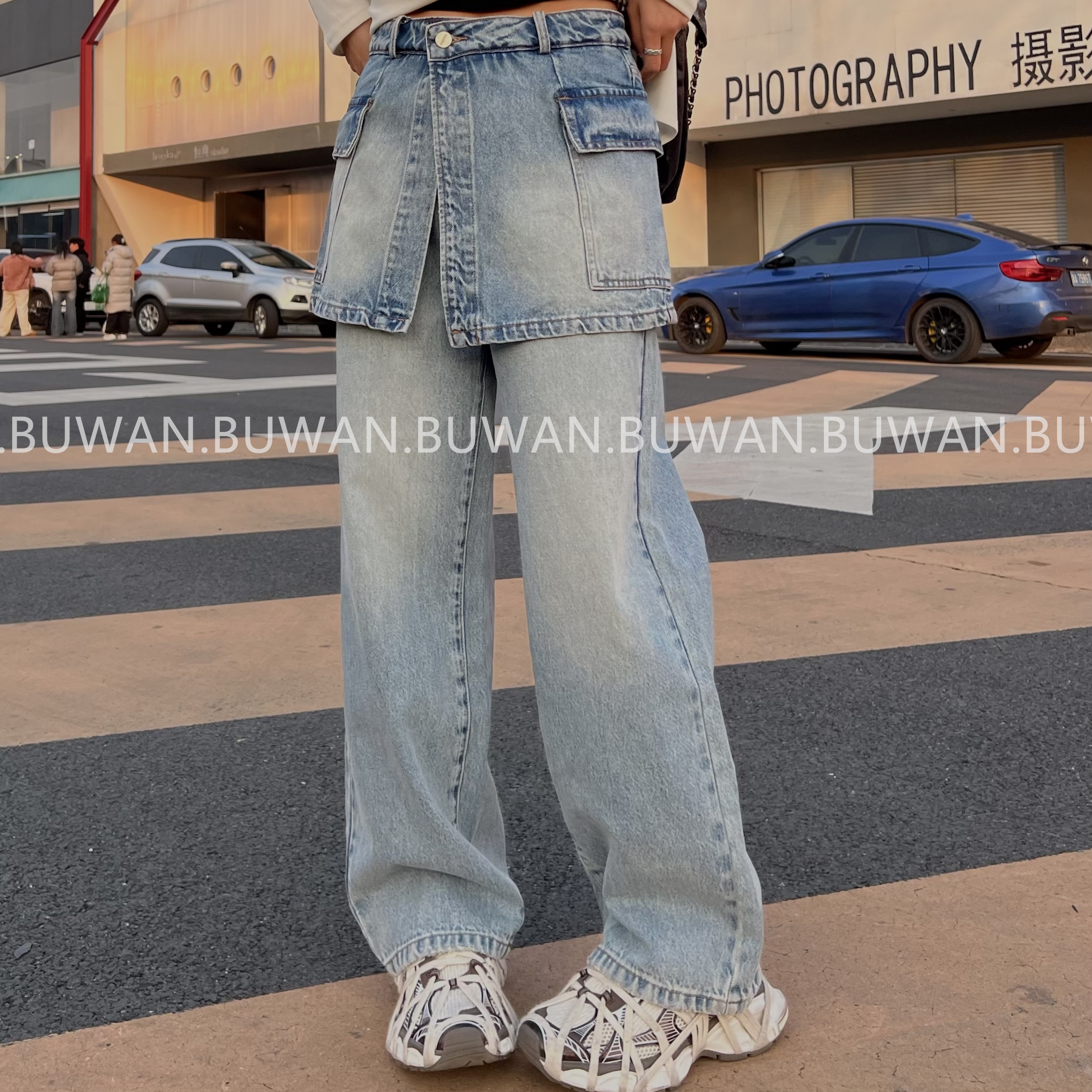 BUWAN【清晰】 春季设计感减龄洋气直筒裙牛仔裤09261