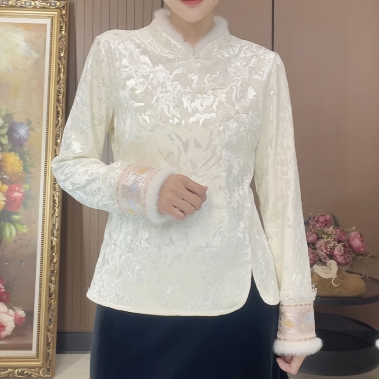 冬季新款中式加绒加厚提花高定精致刺绣花边中国风百搭上衣