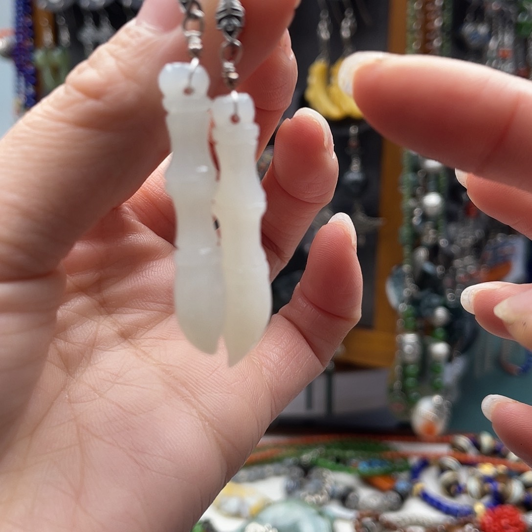 和田玉耳饰银S925镶嵌饰品