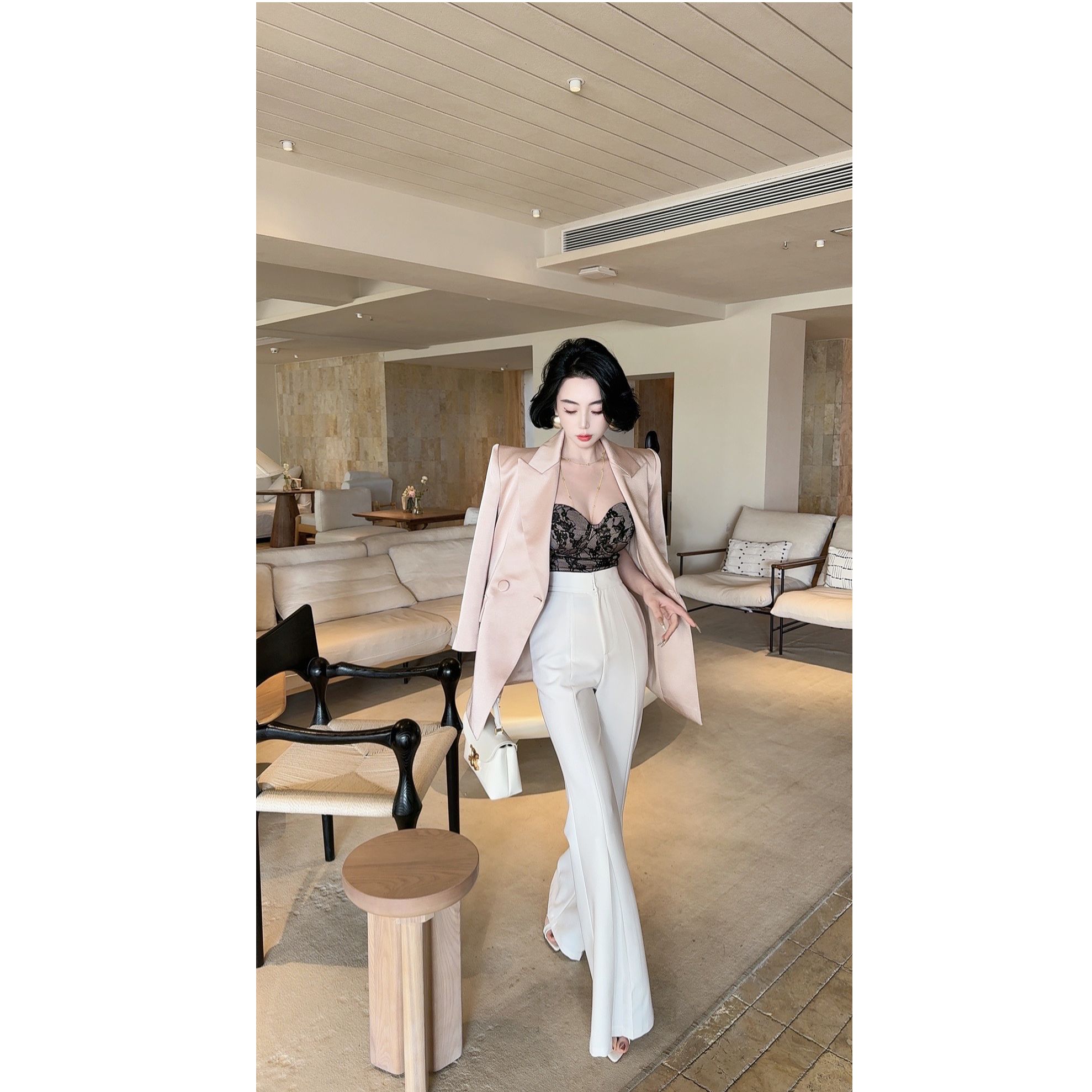 LYXJ【日光遐想】高级定制白色喇叭裤修身显瘦垂坠感11762