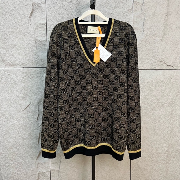 99新 GUCCI/古驰 黑金满印V领毛衣 s码 cl01222
