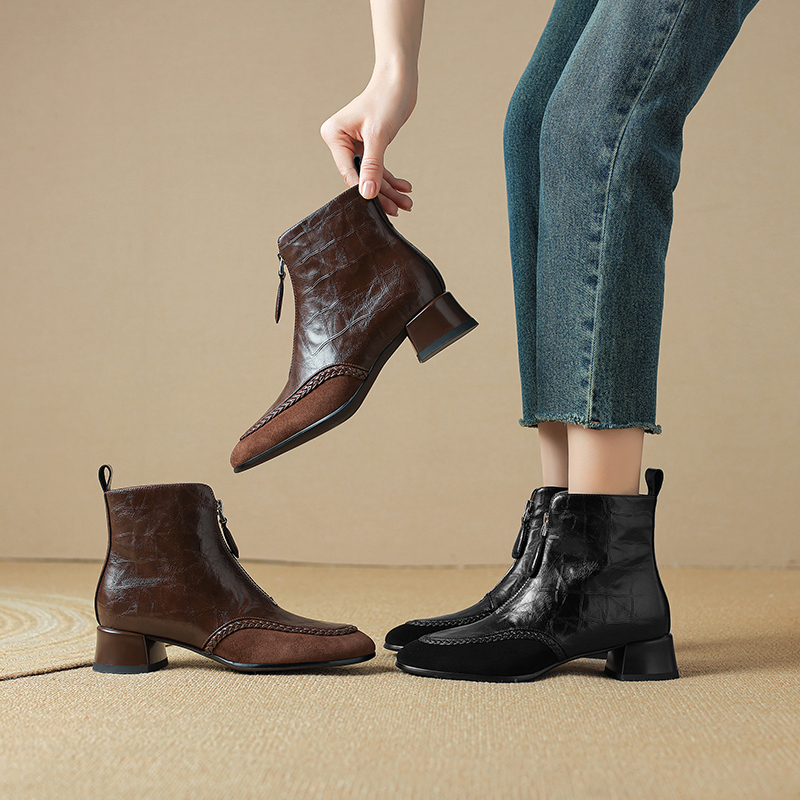 半坊手工女鞋|34-40|4.0cm|法式复古圆头手抓纹前拉链粗跟短靴女