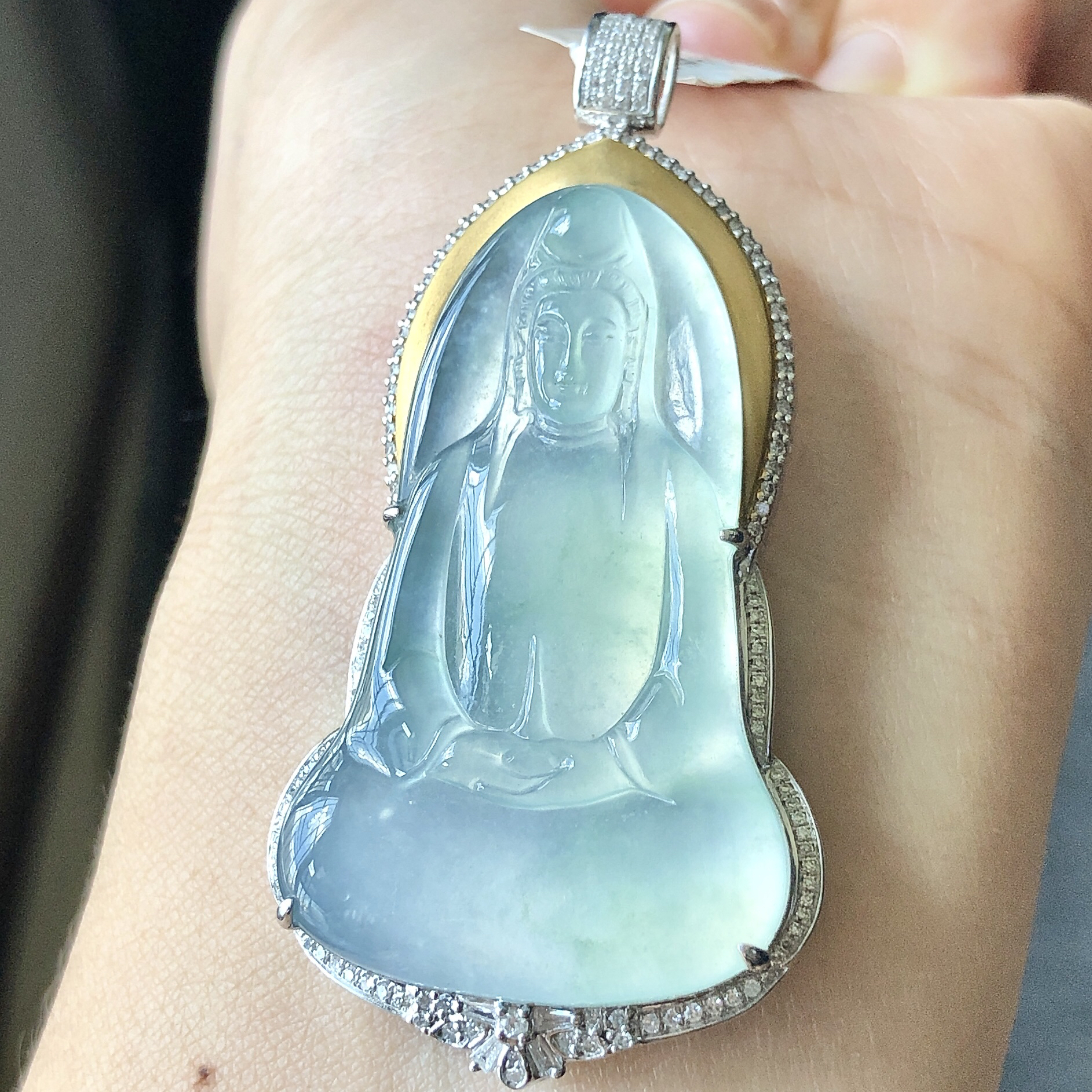 缅甸天然A货翡翠18k金镶嵌老坑高冰种素衣观音吊坠56.6/28.3/8.5