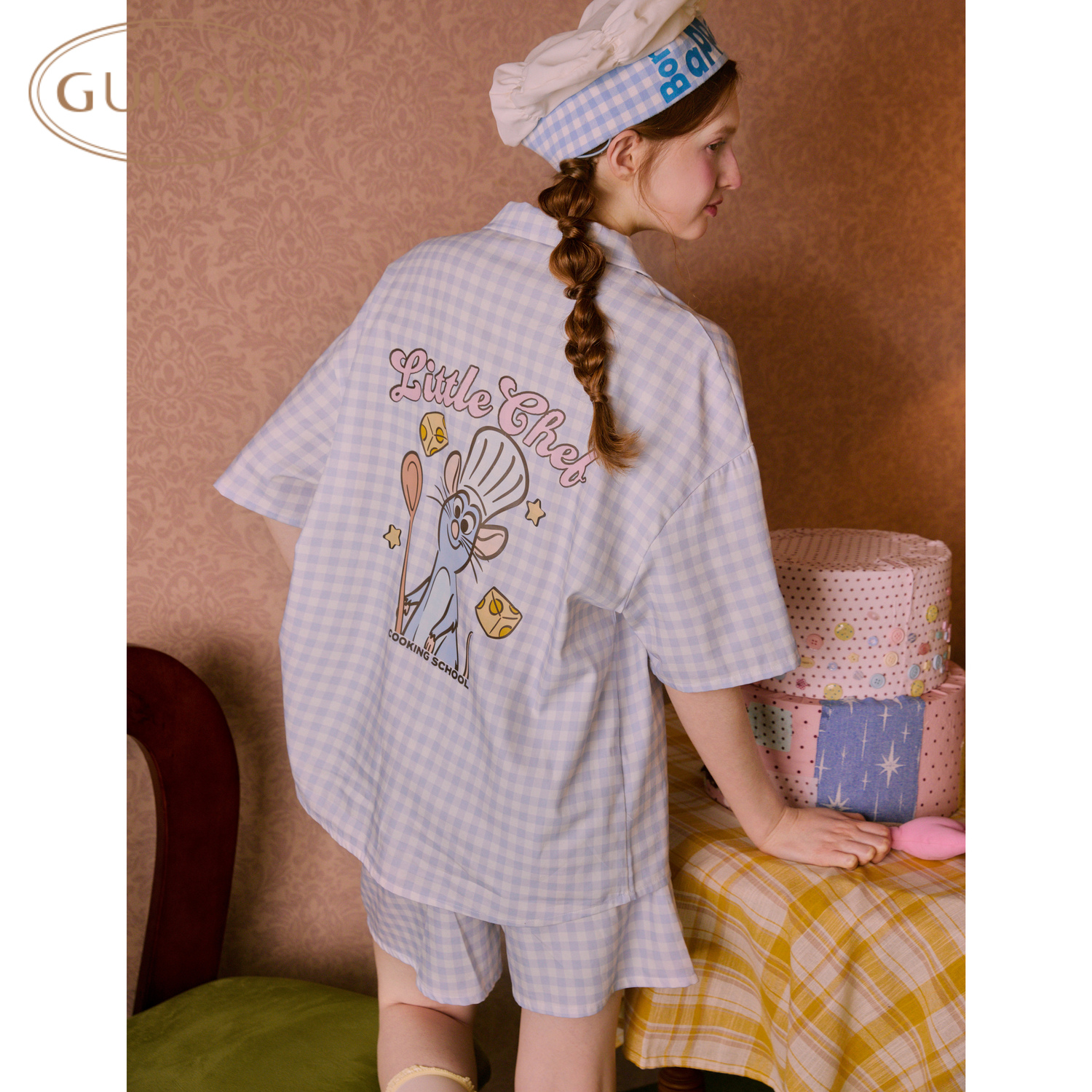 Gukoo果壳夏季新款料理鼠王联名奶油蓝格纹纯棉宽松家居服套装