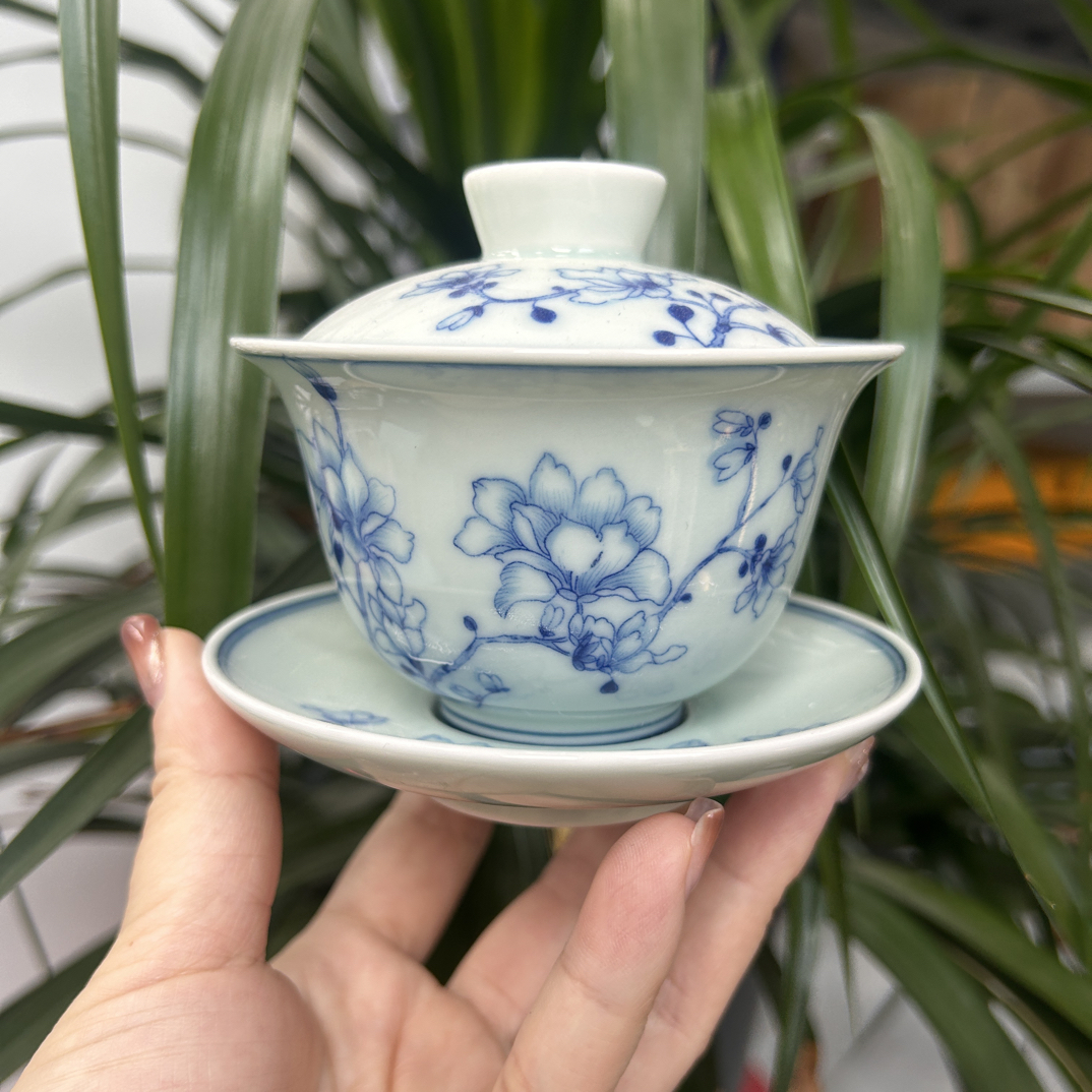 中式国风高温釉下青花玉兰花悬停三才盖碗家用会客功夫茶泡茶杯