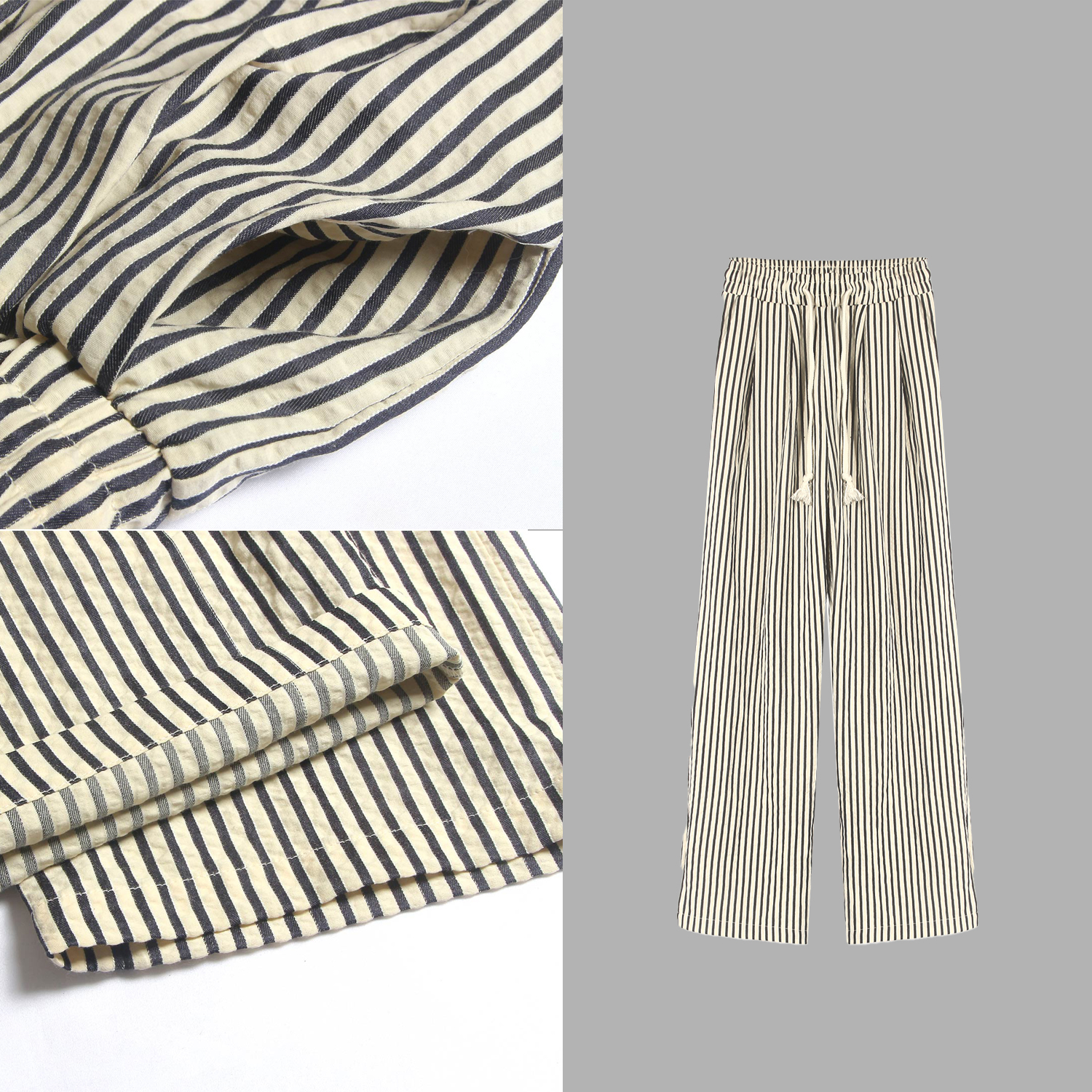 127#竖纹条纹宽松休闲遛弯慵懒抽绳阔腿长裤女1-889