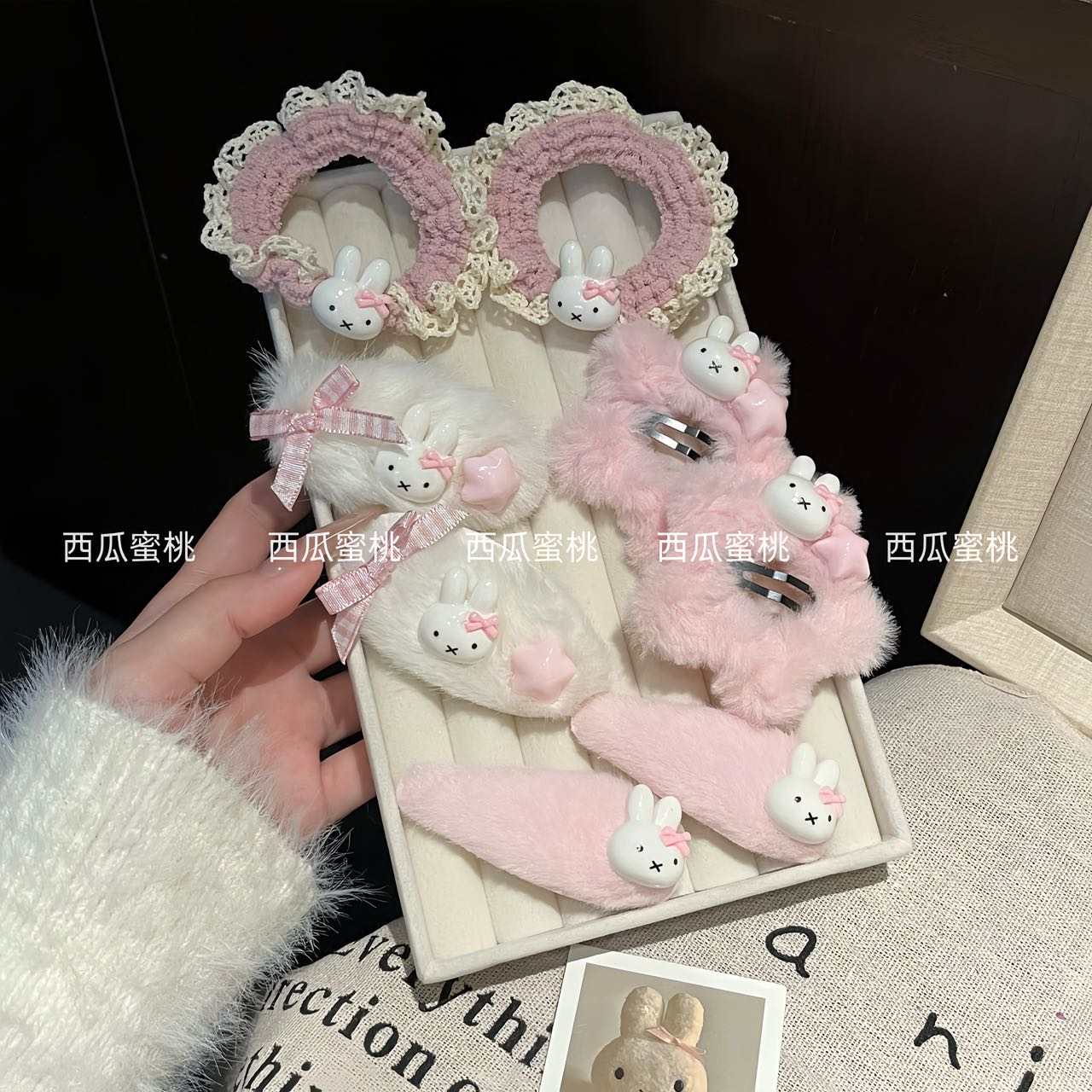 ins高颜值少女粉米菲兔蝴蝶结发夹发圈组合甜美闺蜜发饰头绳