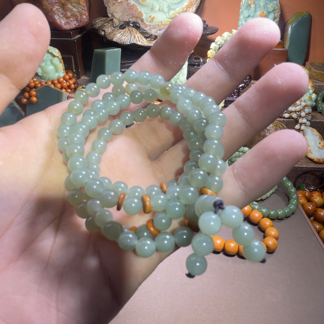 透闪石质玉108 卡6 青未镶嵌