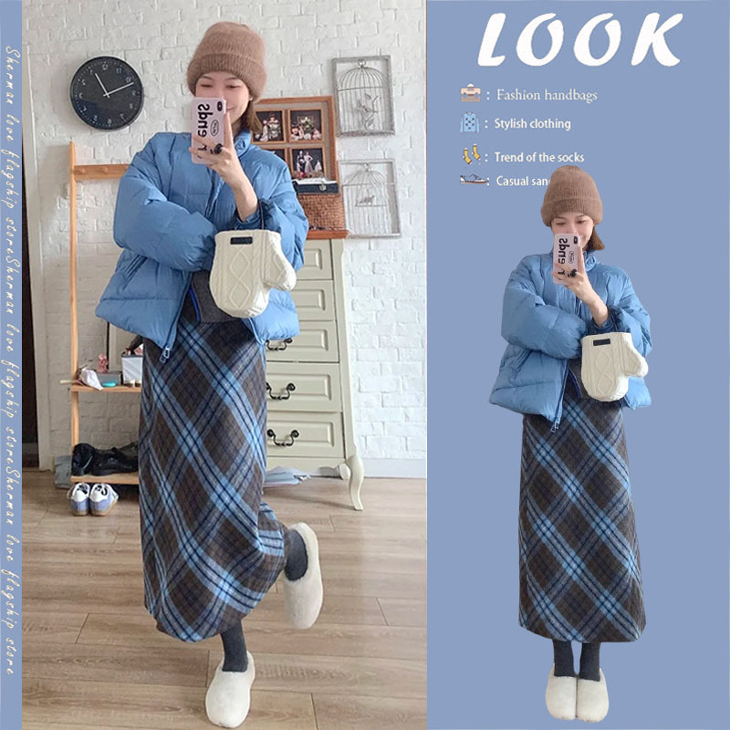 2025秋冬新款休闲短款面包服外套假两件针织长袖高腰半身裙三件套