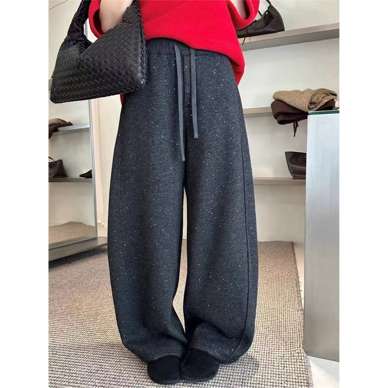 【加绒加厚爆闪裤】螺纹腰休闲阔腿裤1675