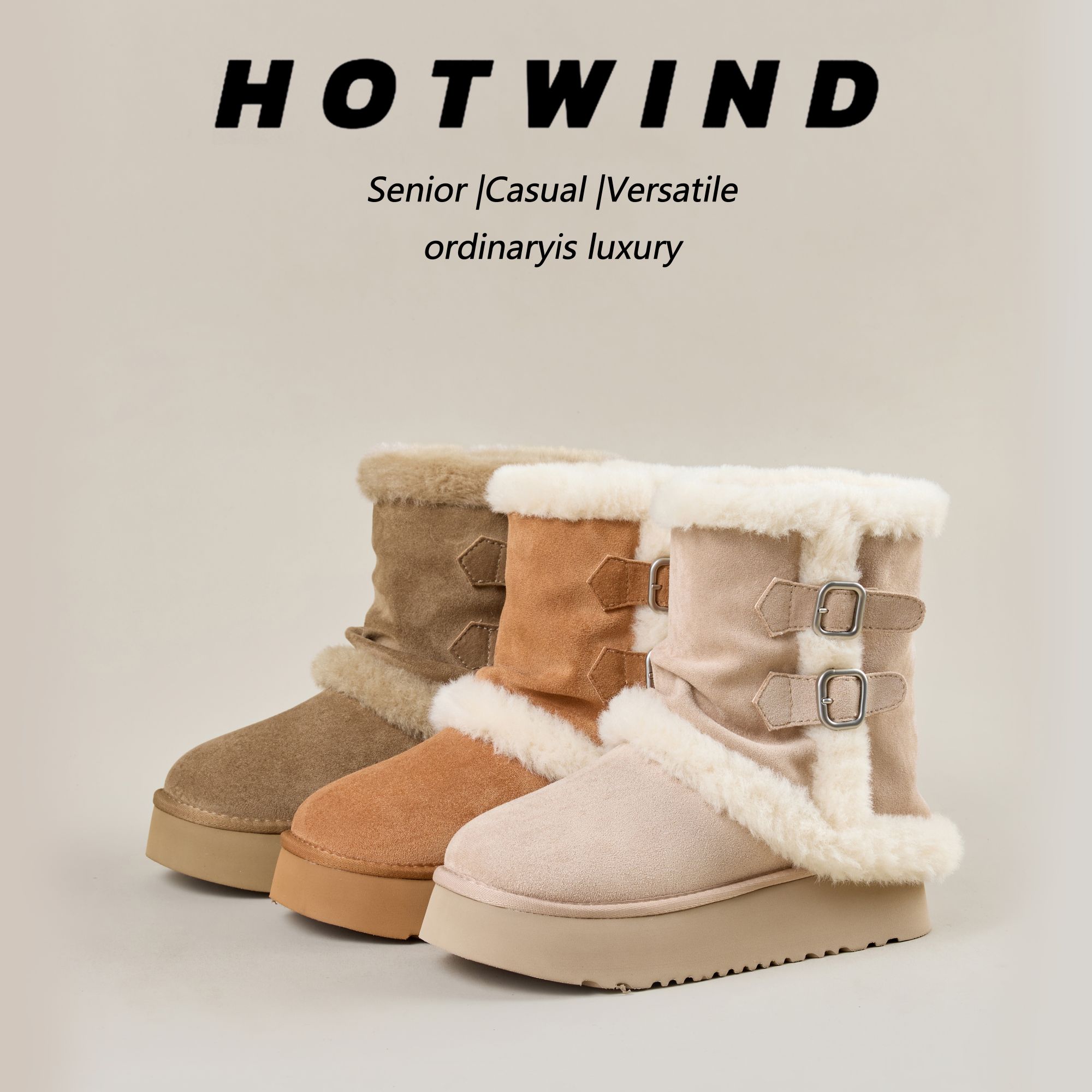 hotwind/热风圆头复古加绒雪地靴女2025新款冬季搭扣中筒厚底