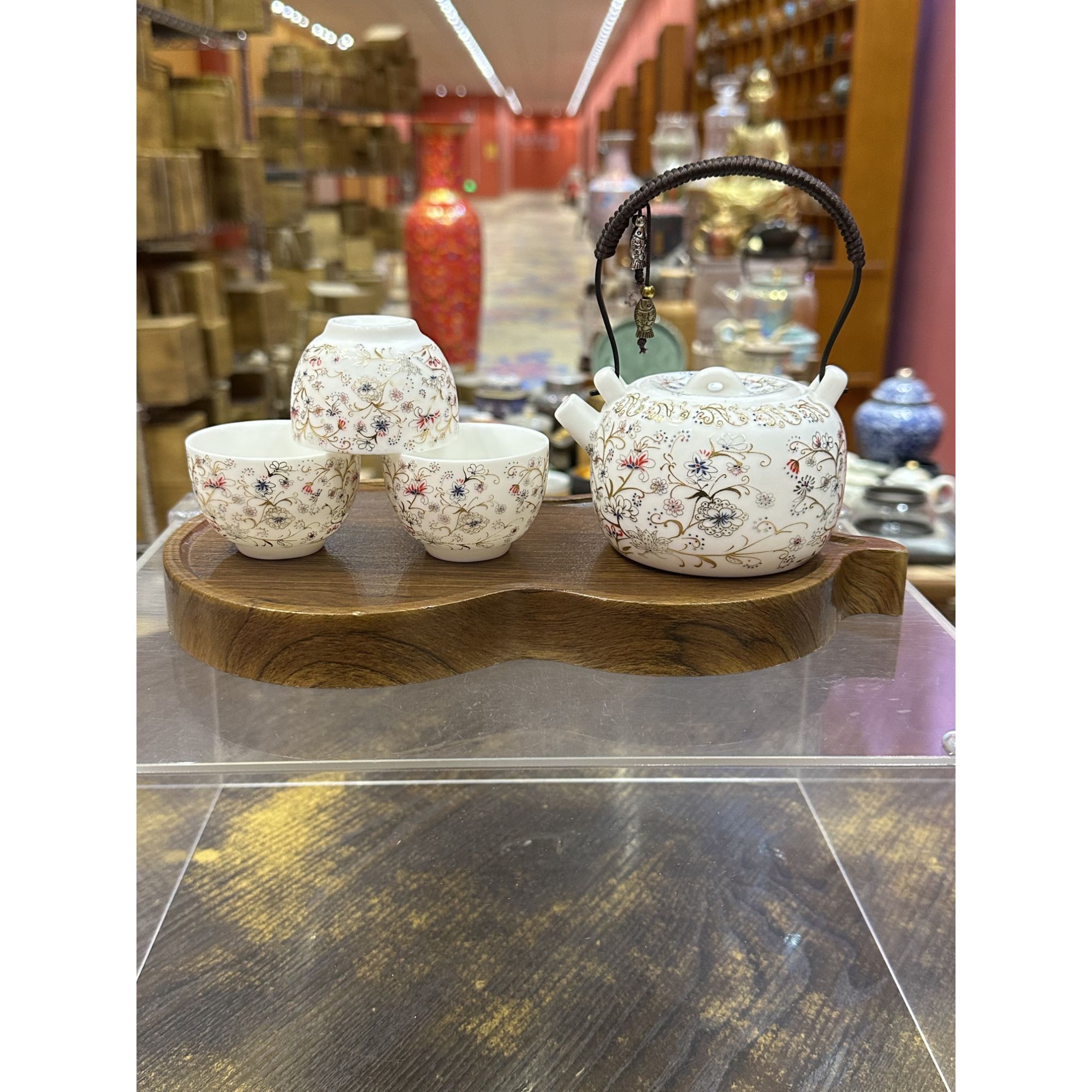 【闪购商品】羊脂玉堆金藤花提梁壶一壶三杯带茶盘999266