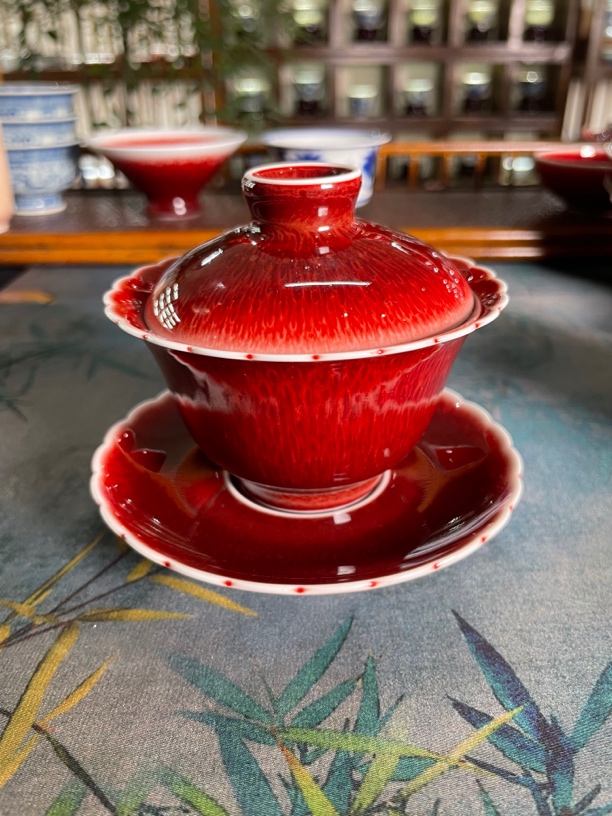 闻轩坊原矿郎红 花口盖碗100cc