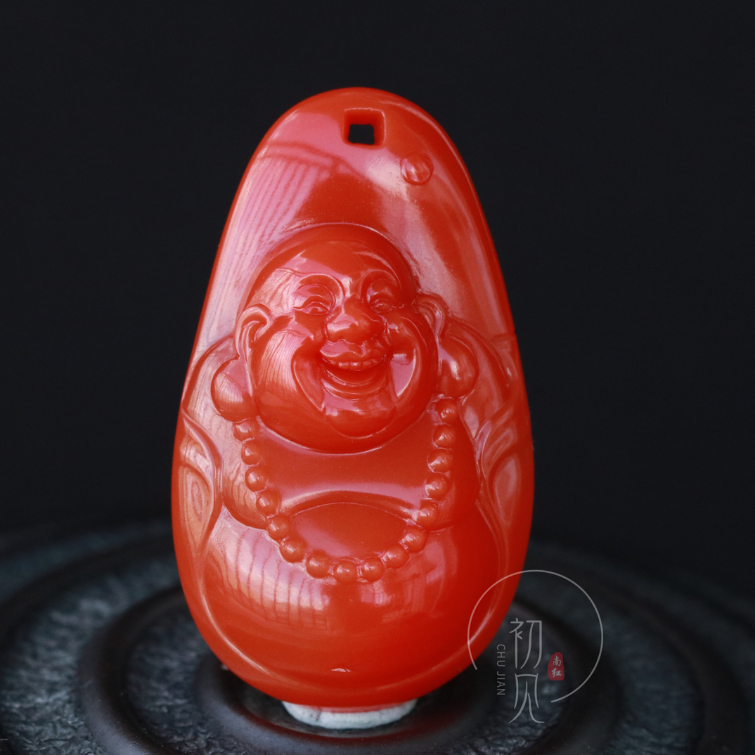 保山南红｜侯派弥勒佛  原矿保山杨柳料柿子红32.4*18.8*8mm、5.95g