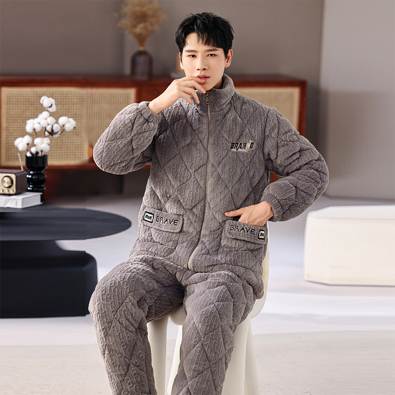保暖家居服套装睡衣冬款加厚套装男长袖拉链立领牛奶绒三层夹棉