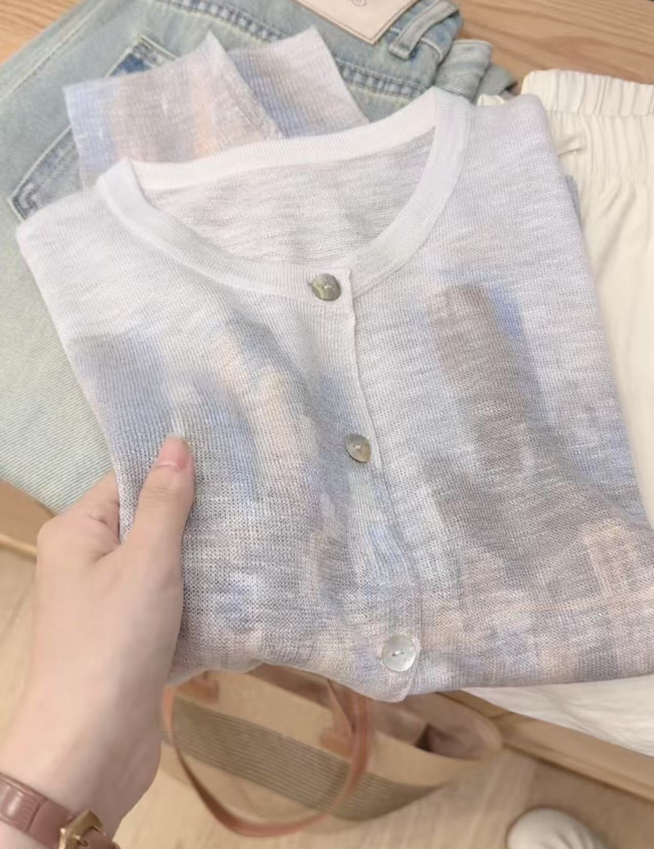 七言家巨好看！水墨蓝贝壳扣定染开衫8