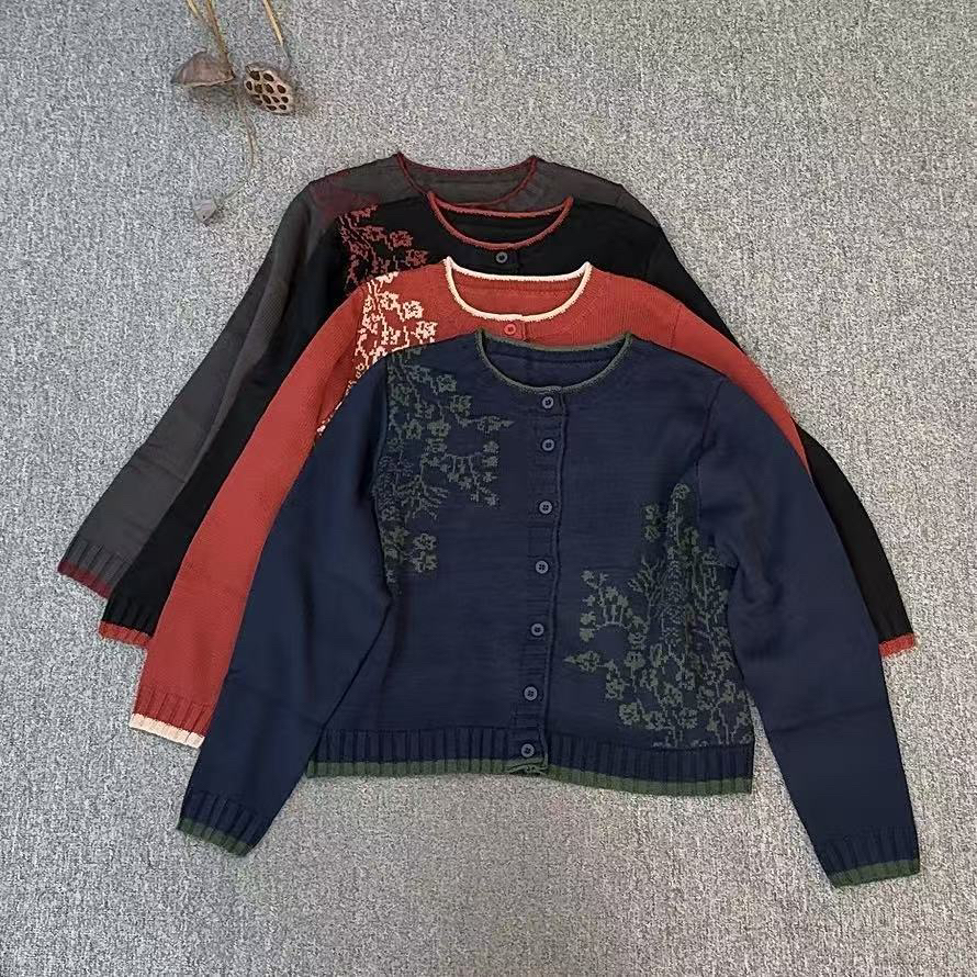 秋季新款洋气减龄圆领针织棉线开衫女织花长袖外套气质