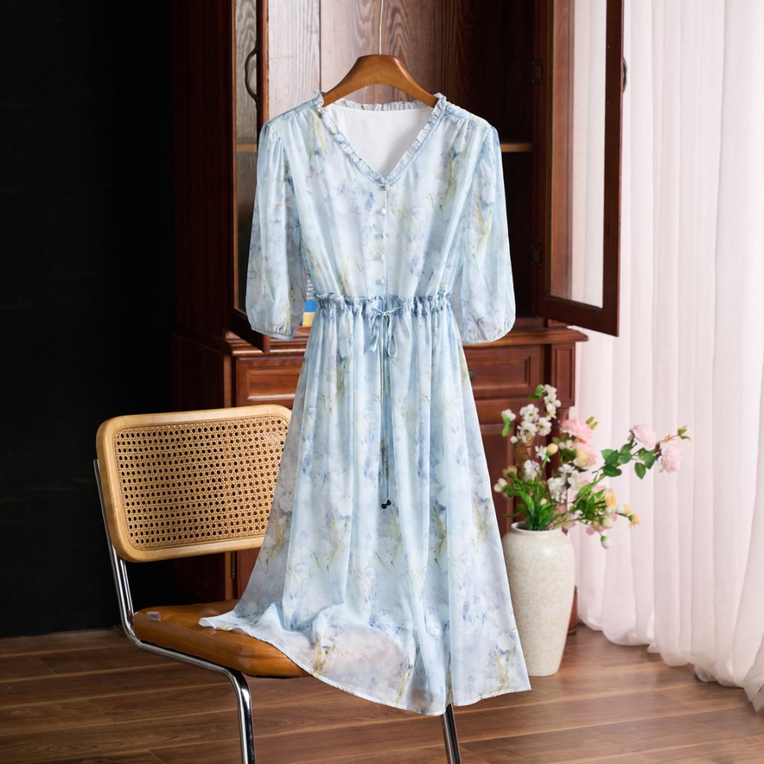 （水仙花）2025年蚕丝草木扎染印花时尚洋气显瘦高腰连衣裙
