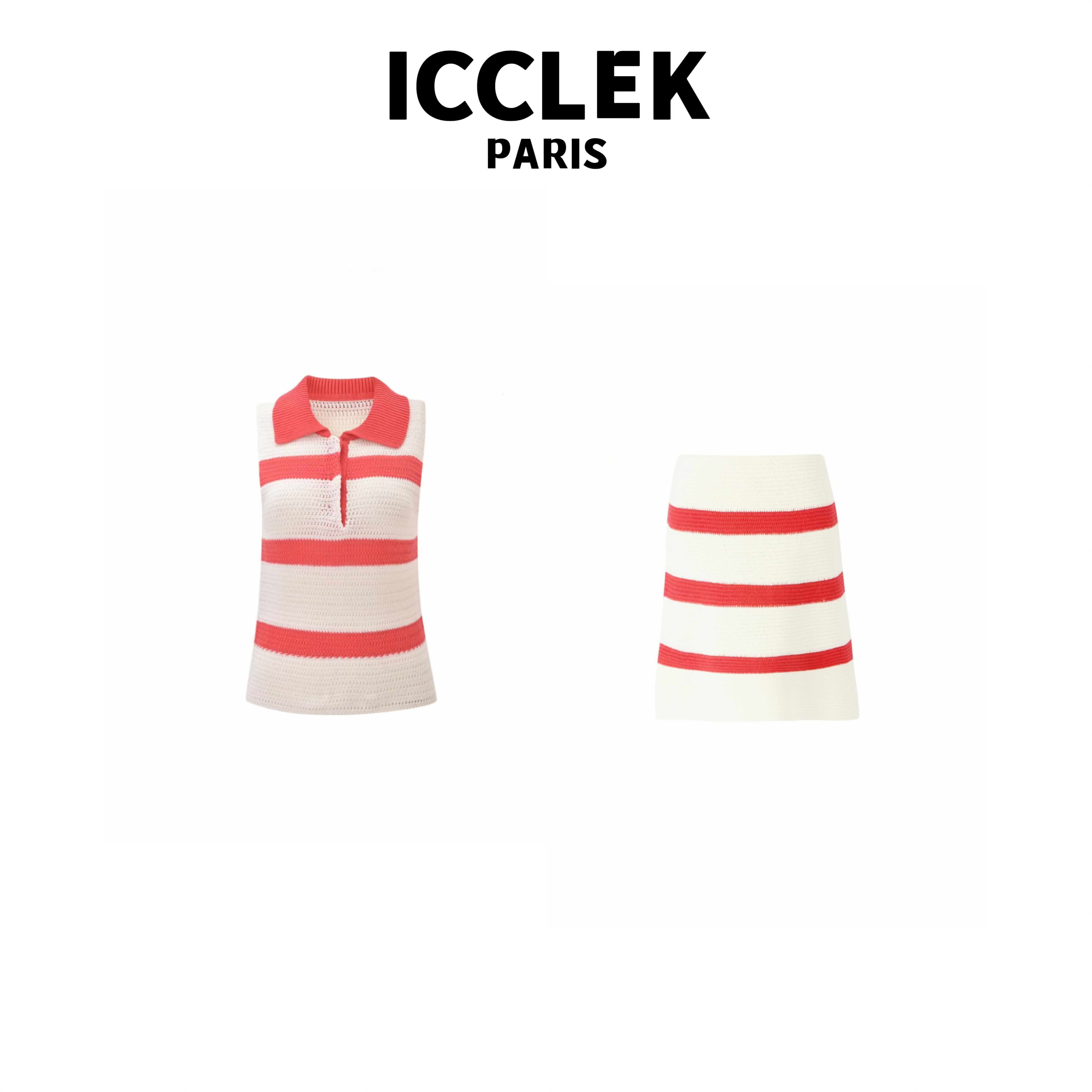 红色撞色条纹两件套翻领领针织背心套装 -7086