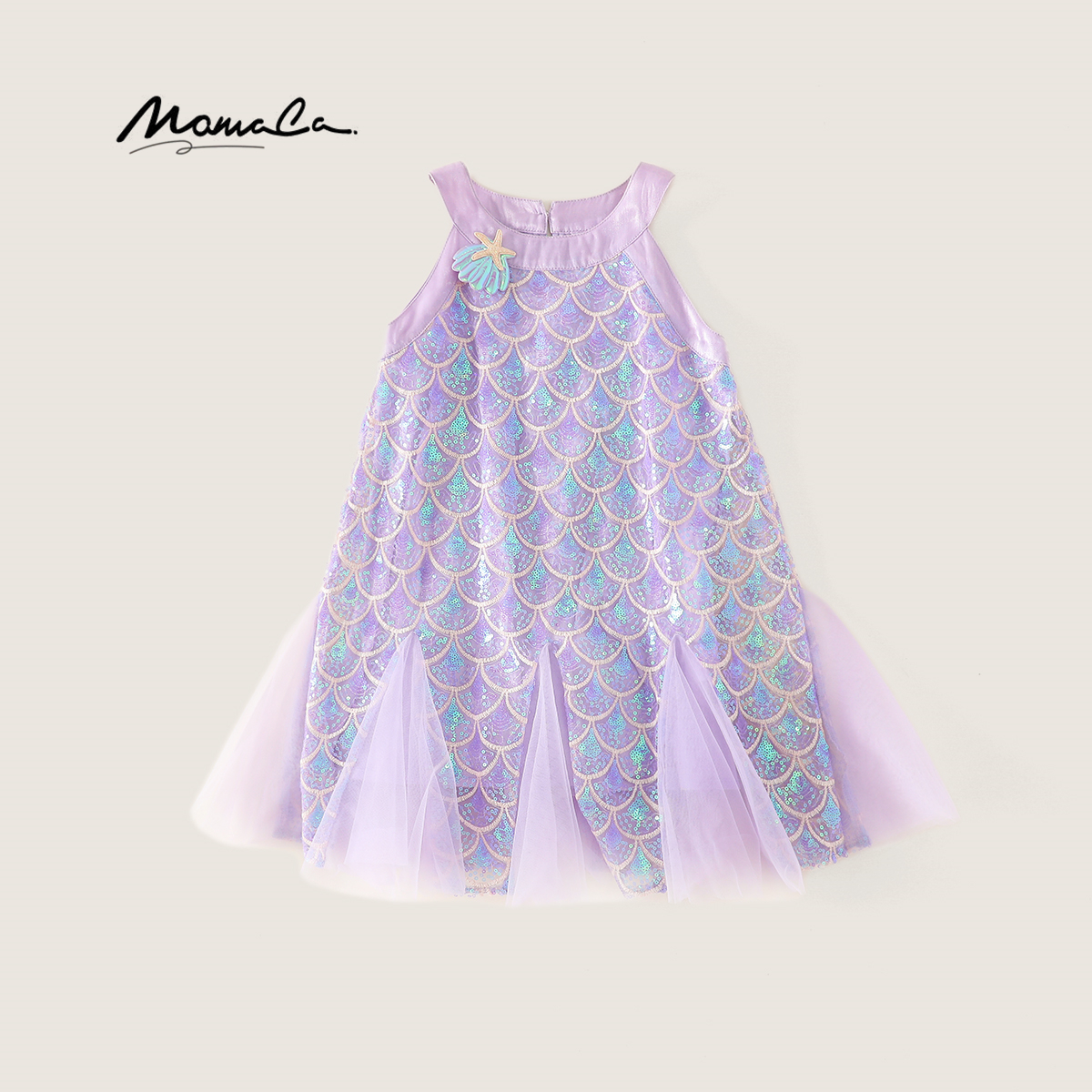 MOMOCO2025夏季女童新款亮片美人鱼挂脖棉布连衣裙77630470042