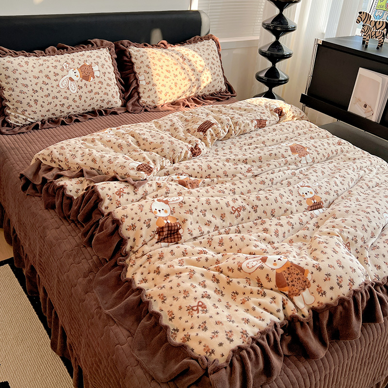 加厚大宽花边牛奶绒夹棉床盖款四件套双面绒印花保暖床上四件套