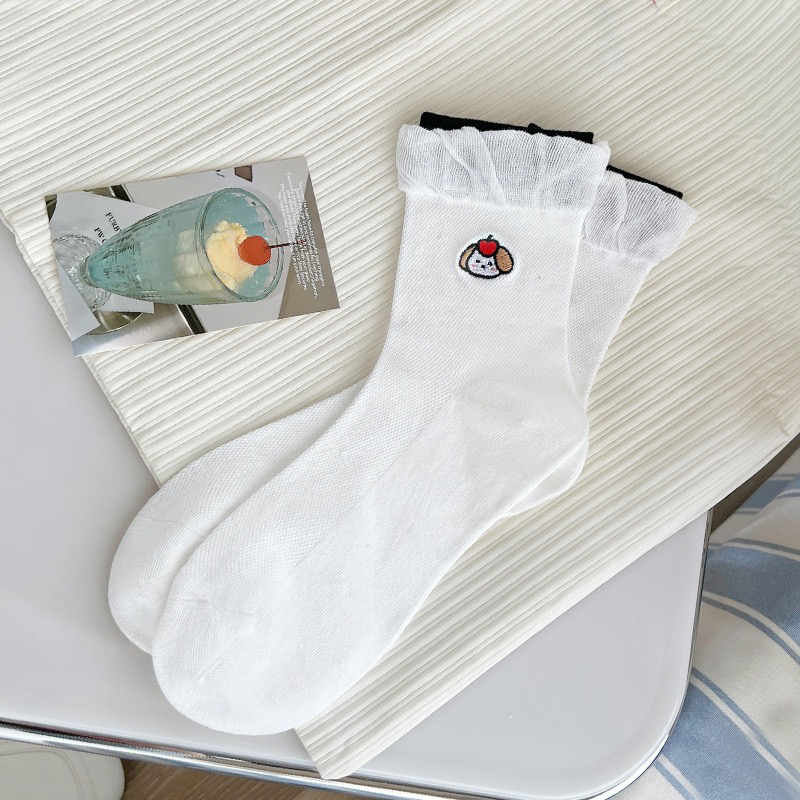 新款日系双层泡泡口小狗刺绣可爱学院风女士中筒袜