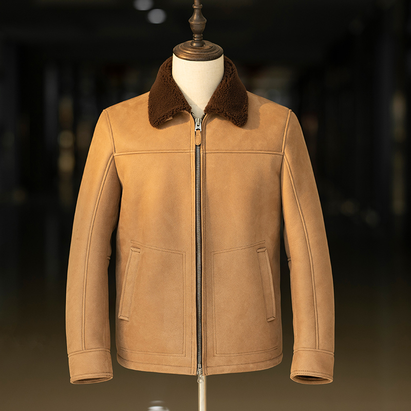 美利奴原生态羊皮毛一体男休闲夹克外套冬季厚皮衣时尚卡其皮毛