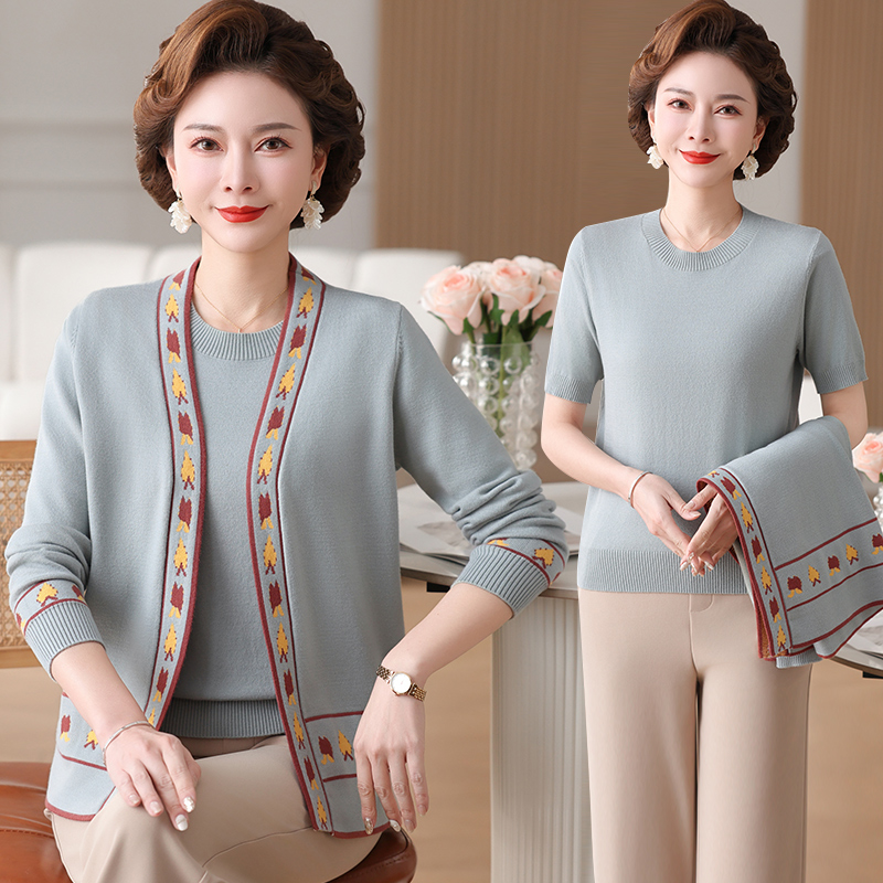 新款气质妈妈装春秋针织开衫上衣中老年女装宽松洋气两件套装9979