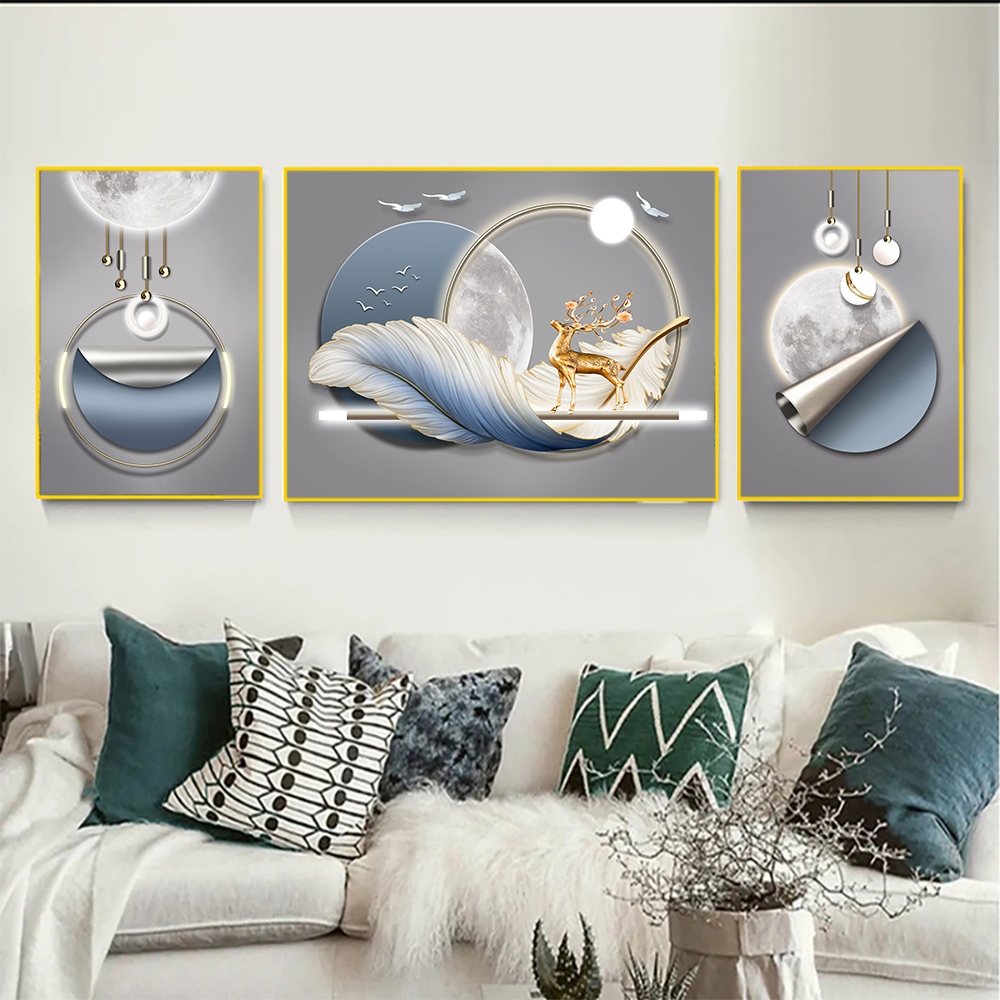 KT211晶瓷镶钻幸福麋鹿现代新中式山水挂画客厅沙发背景墙挂画