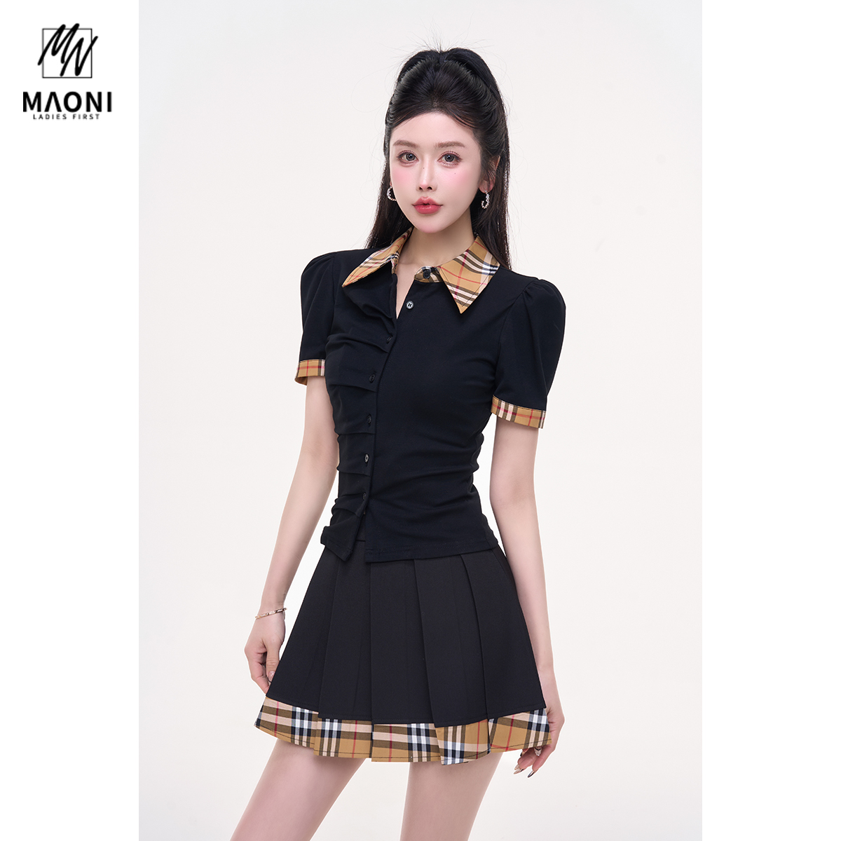 毛妮Peshe【火星辣妹jk】撞色格子衬衫假两件短袖学院风收腰L1641