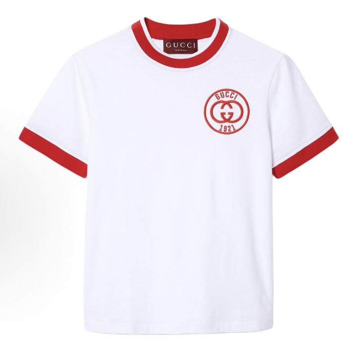 未使用 GUCCI/古驰 Lido系列徽标1921刺绣罗纹滚边圆领短袖