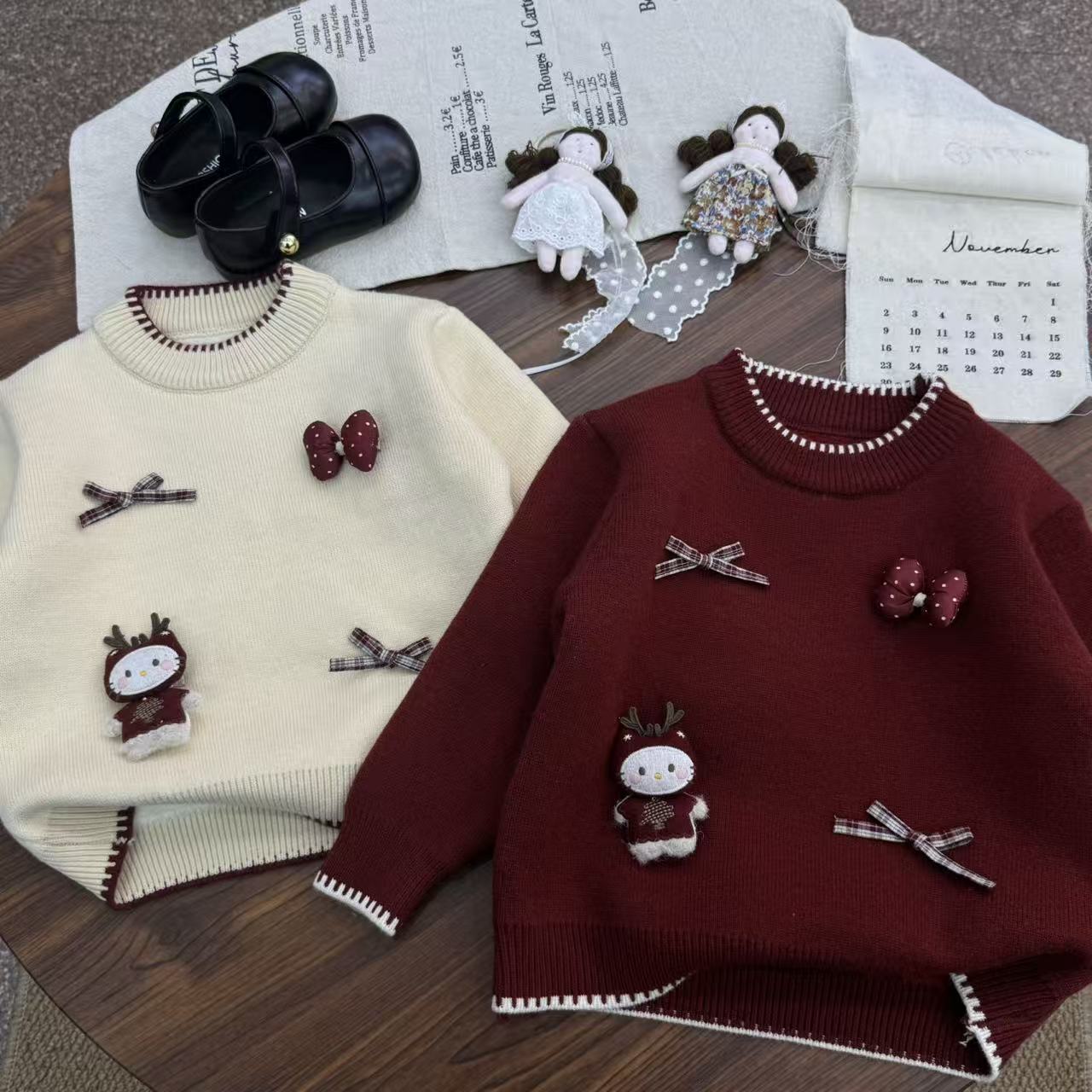 秋冬女童圣诞毛衣一体绒加绒加厚针织衫洋气百搭圆领